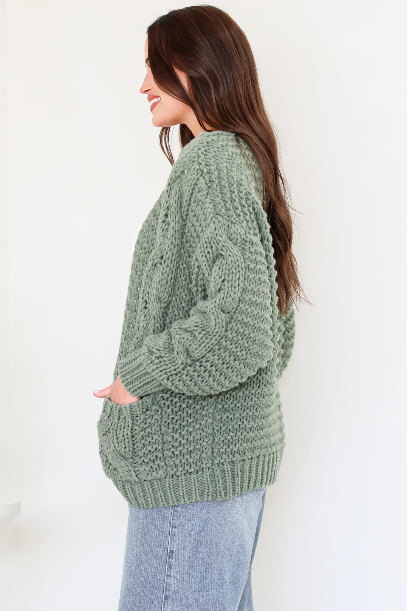 Elias Cardigan - Open Front Thick Cable Knit with Pockets in Sage - Image 6