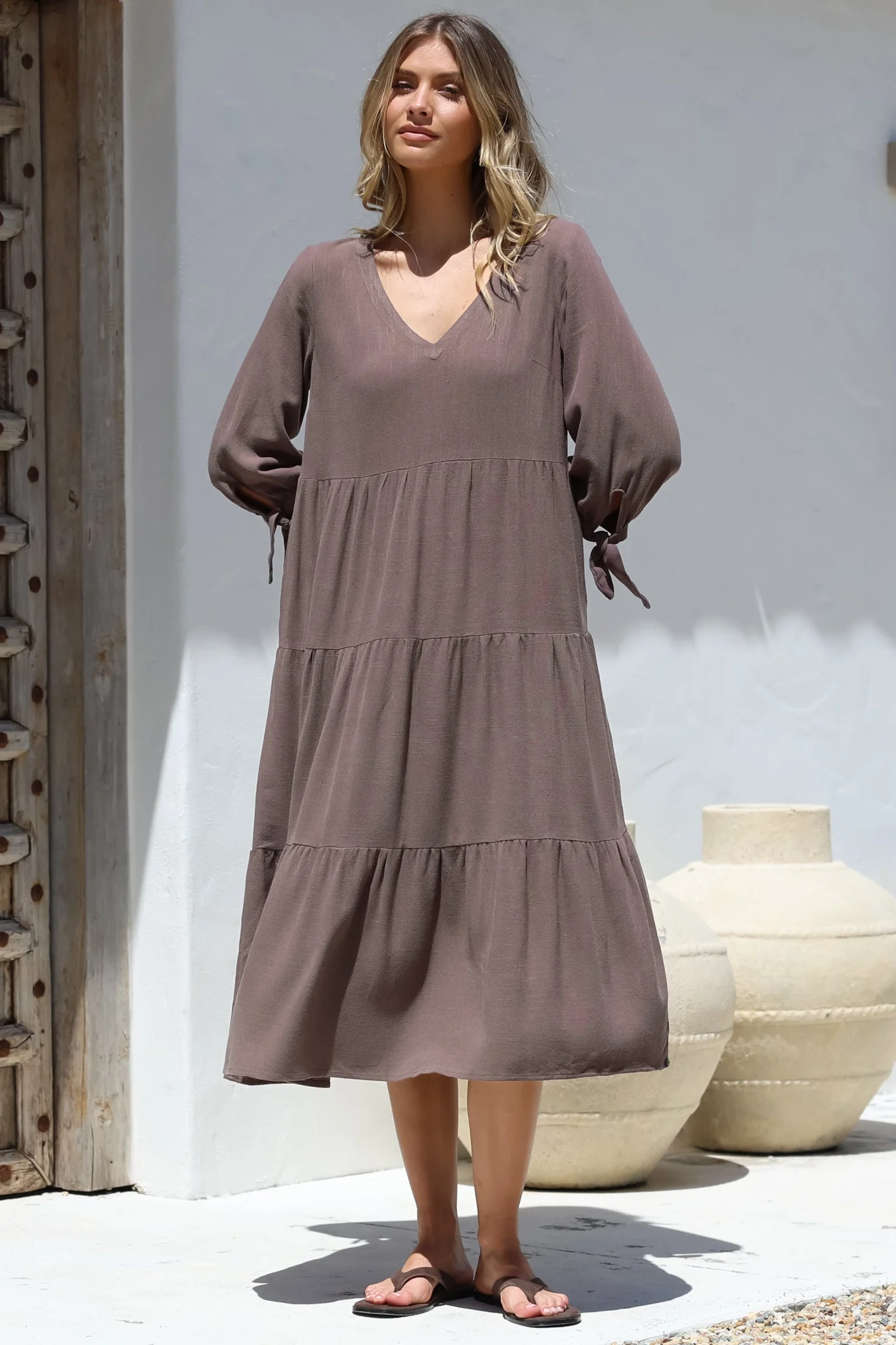 Elisabette Midi Dress - V-Neck Tiered Linen Dress with 3/4 Tie Cuff Sleeves in Chocolate - Image 2