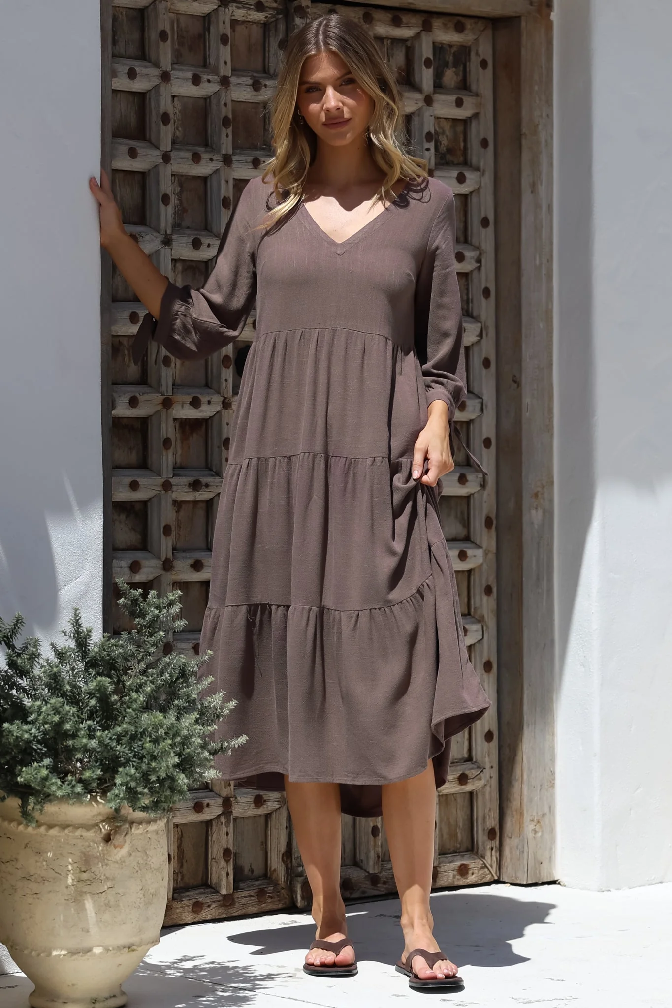 Elisabette Midi Dress - V-Neck Tiered Linen Dress with 3/4 Tie Cuff Sleeves in Chocolate - Image 4
