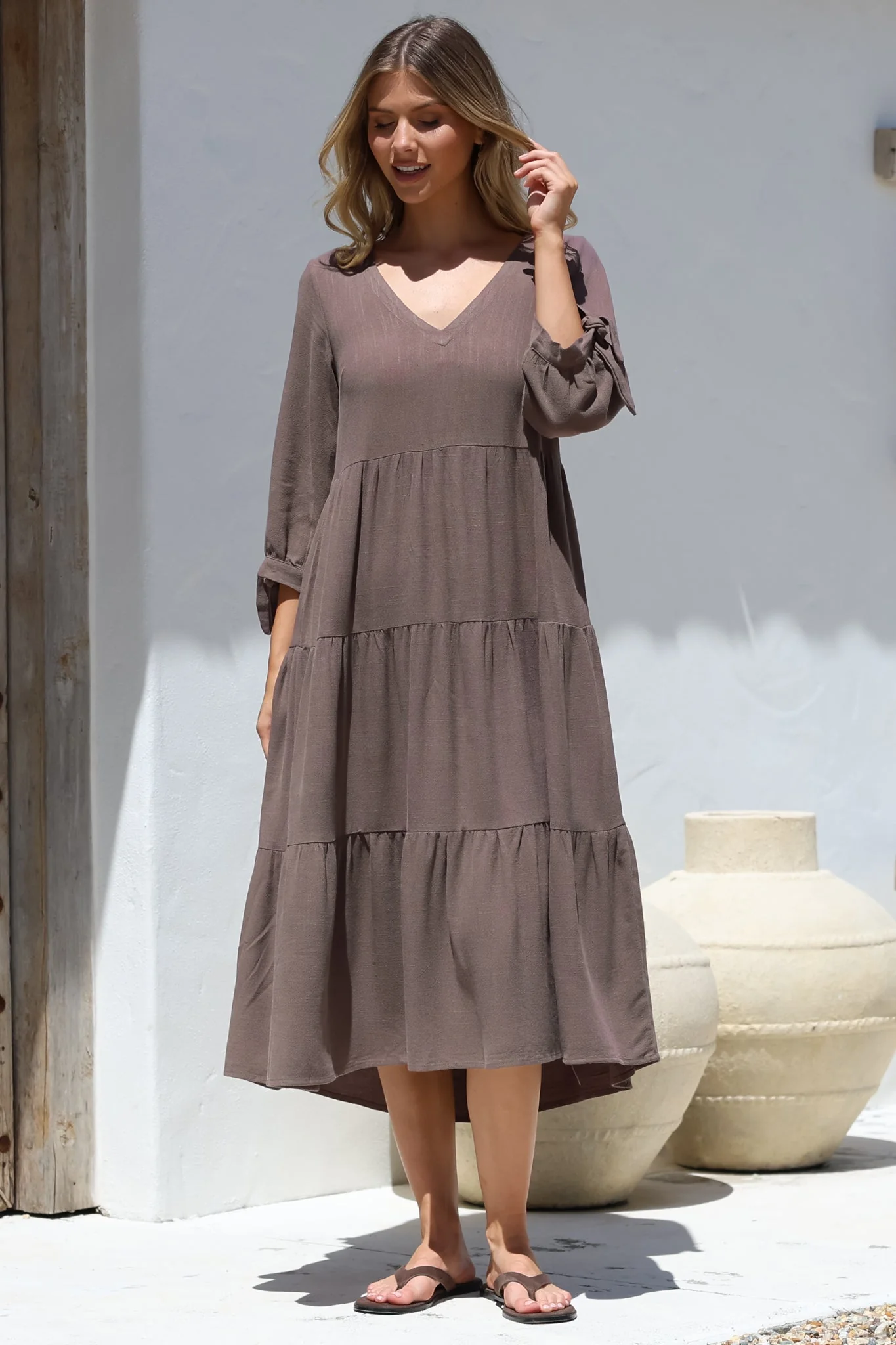 Elisabette Midi Dress - V-Neck Tiered Linen Dress with 3/4 Tie Cuff Sleeves in Chocolate - Image 5