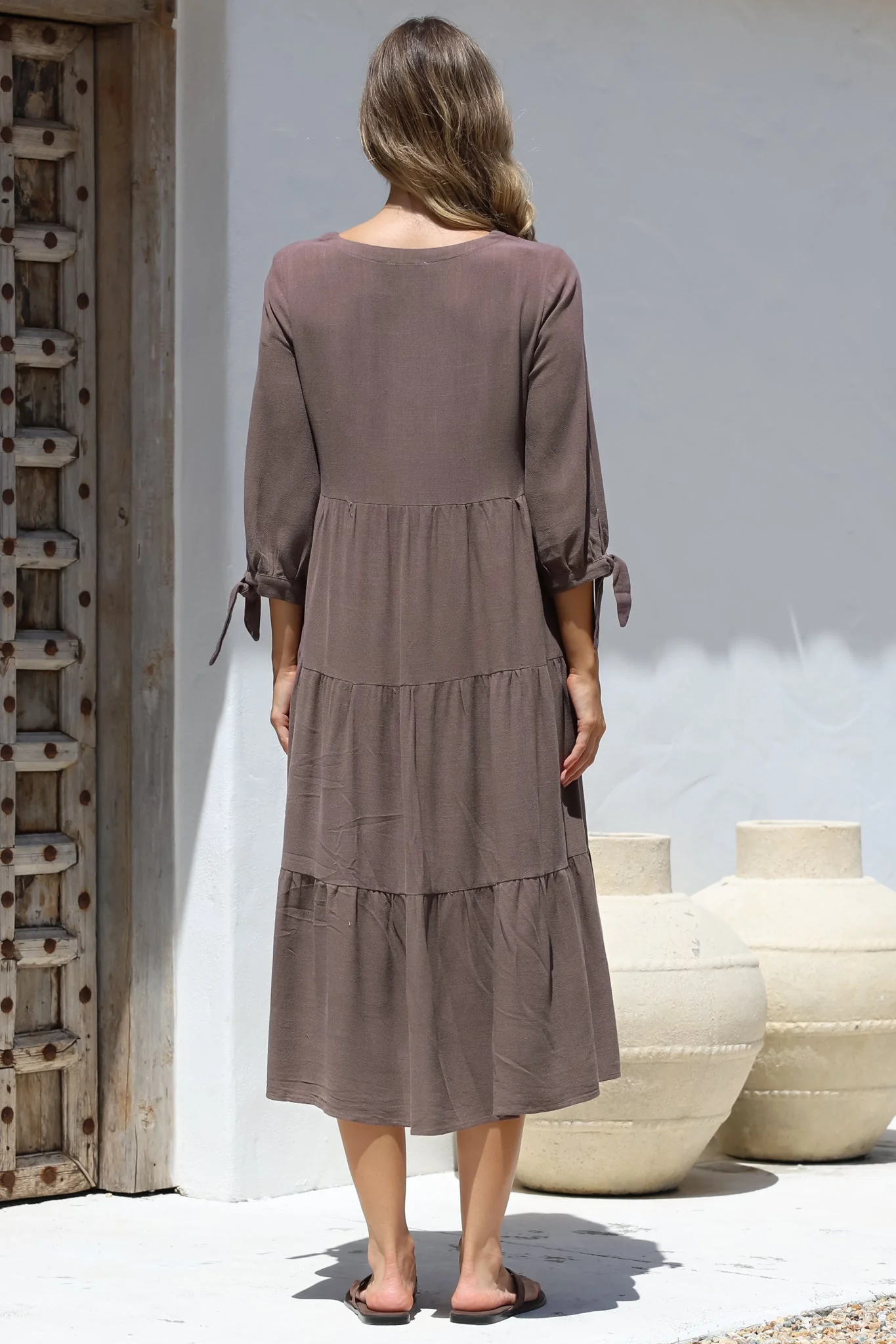 Elisabette Midi Dress - V-Neck Tiered Linen Dress with 3/4 Tie Cuff Sleeves in Chocolate - Image 8