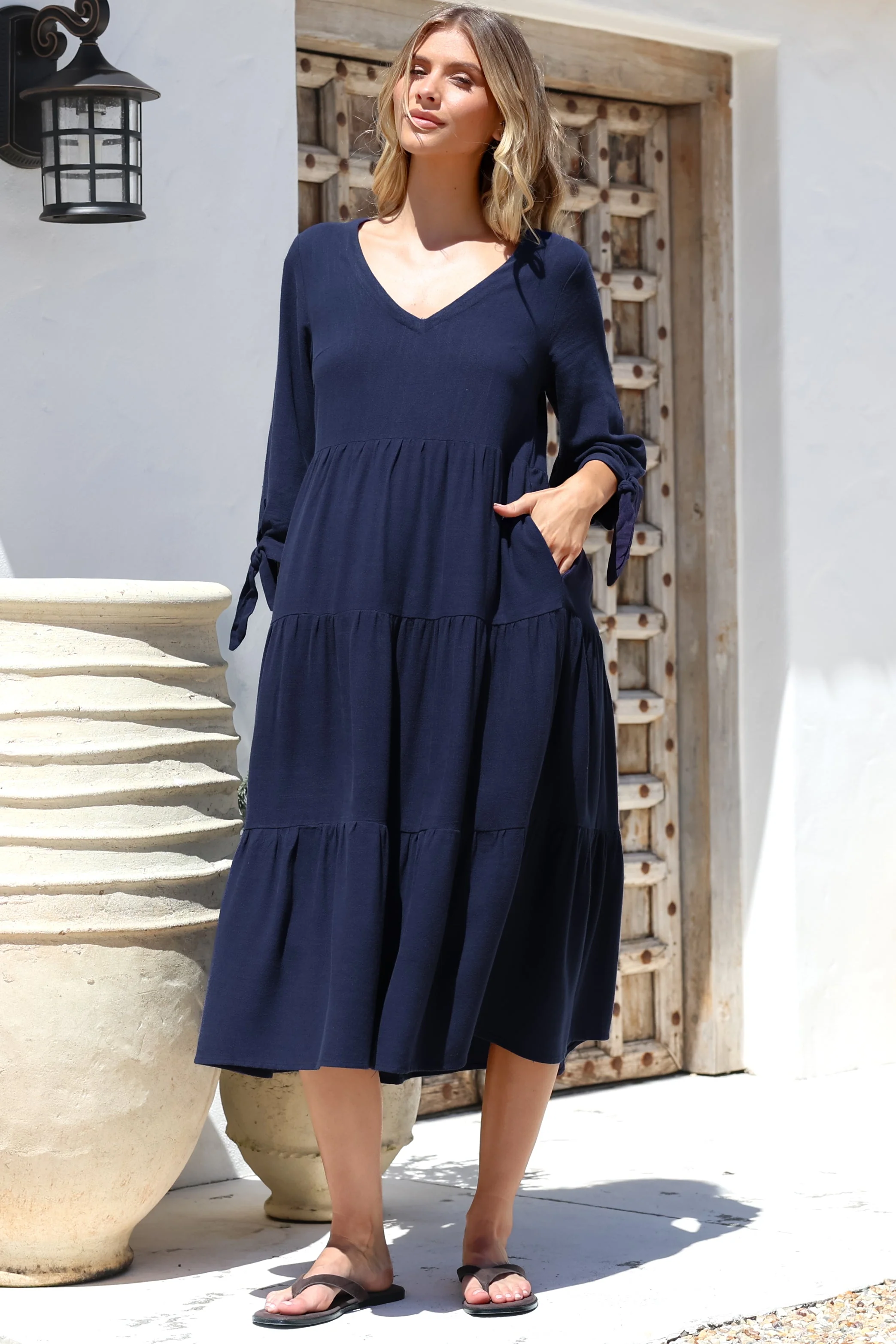 Elisabette Midi Dress - V-Neck Tiered Linen Dress with 3/4 Tie Cuff Sleeves in Navy - Image 2