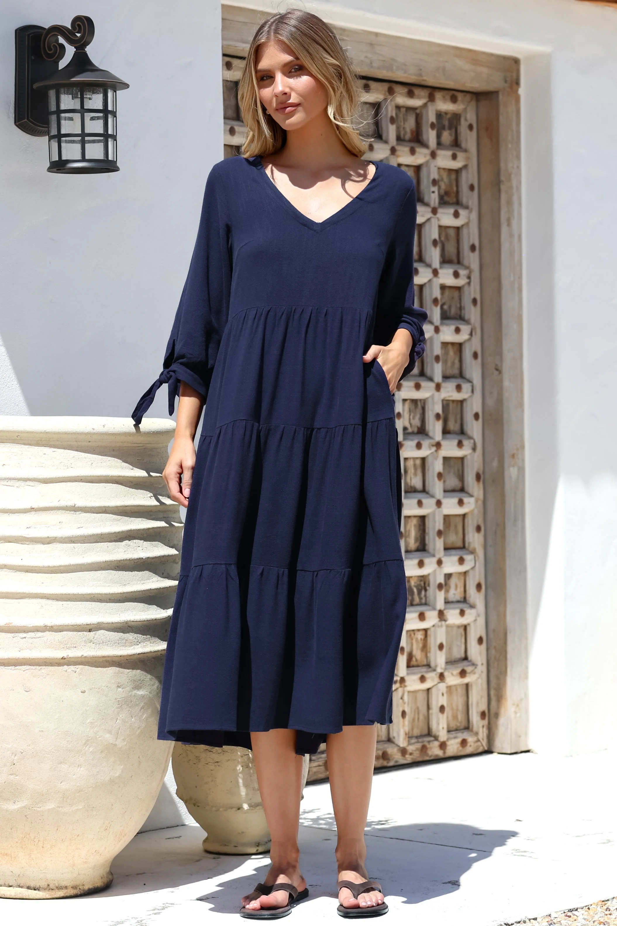 Elisabette Midi Dress - V-Neck Tiered Linen Dress with 3/4 Tie Cuff Sleeves in Navy - Image 3
