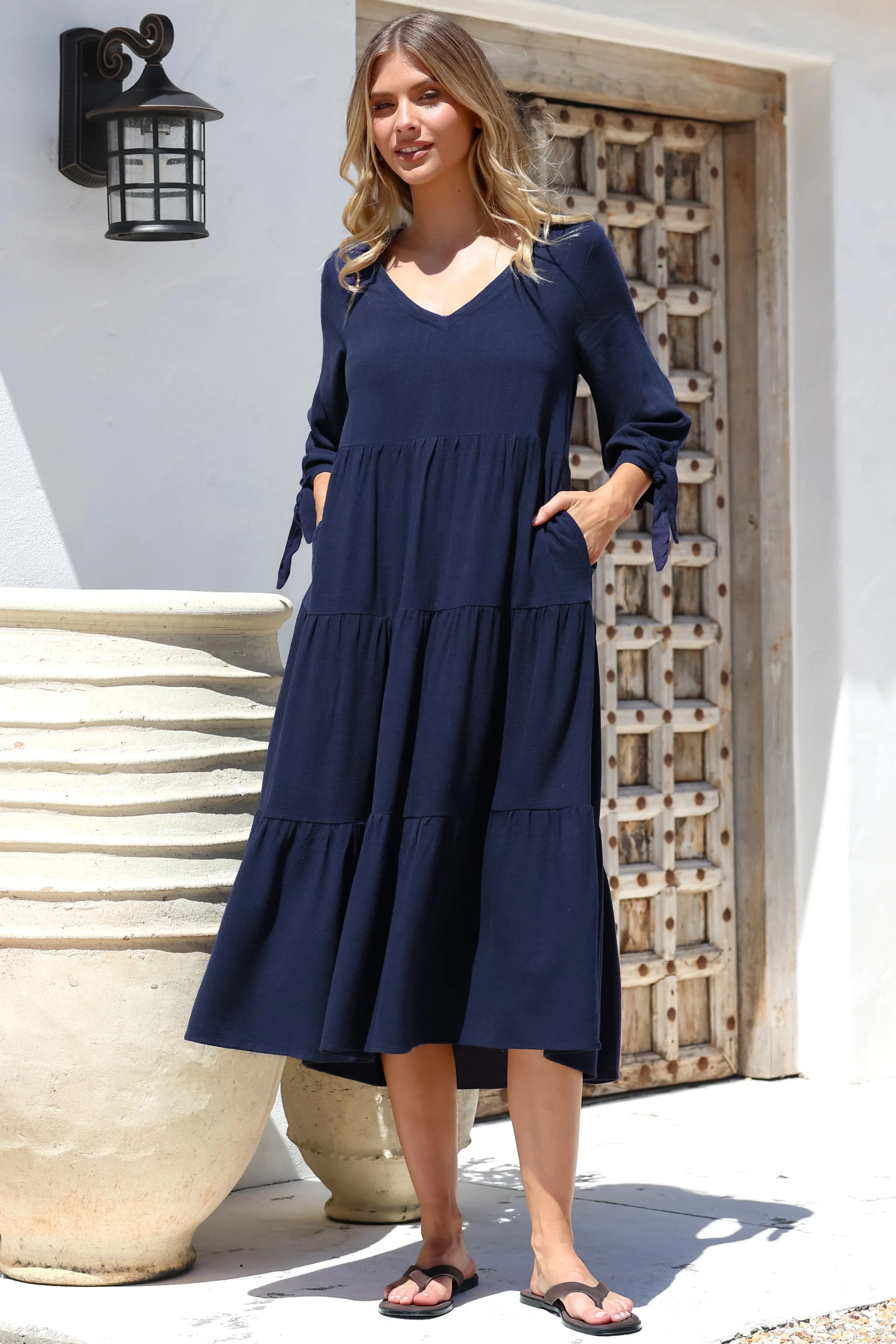 Elisabette Midi Dress - V-Neck Tiered Linen Dress with 3/4 Tie Cuff Sleeves in Navy - Image 5