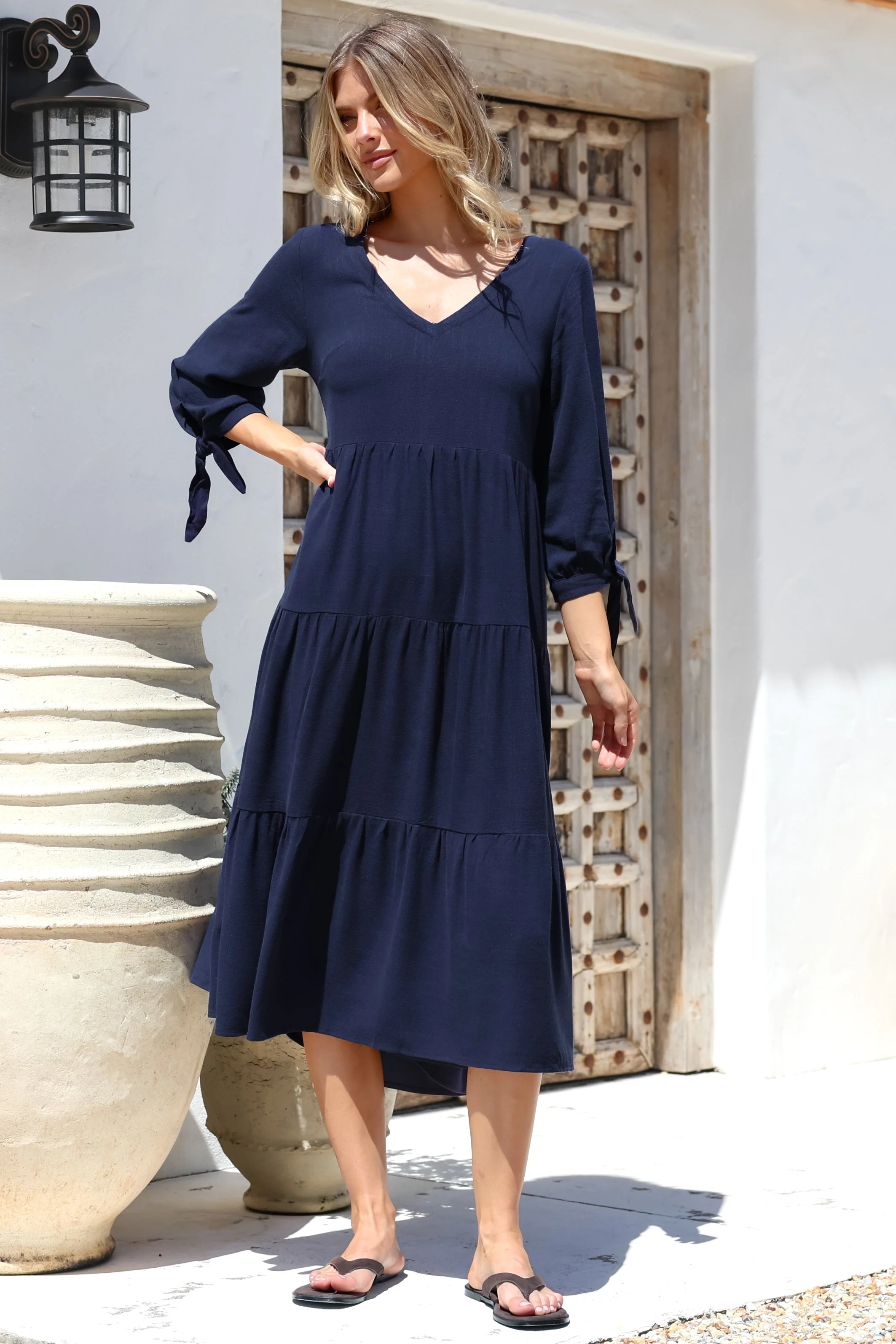 Elisabette Midi Dress - V-Neck Tiered Linen Dress with 3/4 Tie Cuff Sleeves in Navy - Image 6