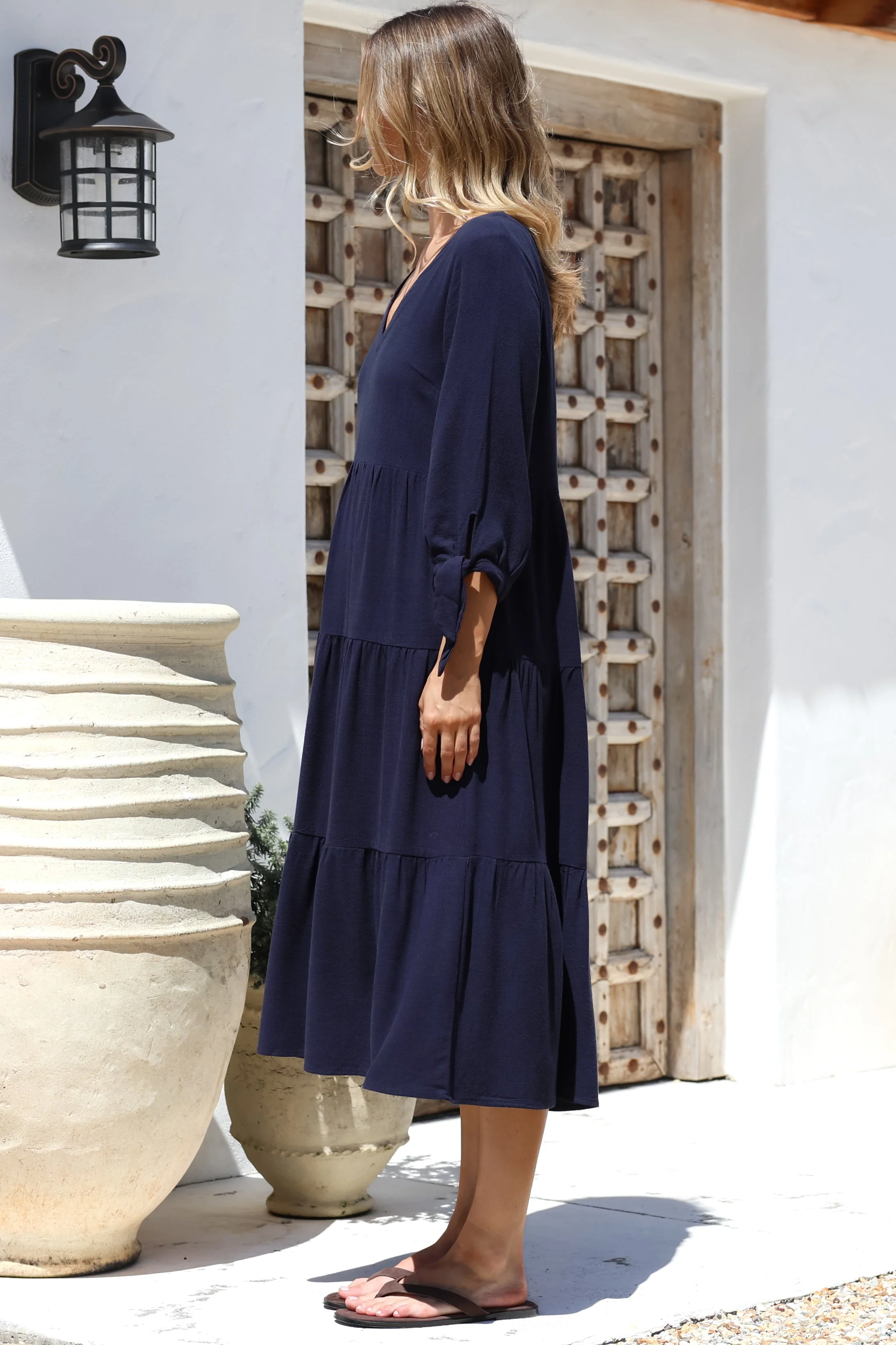 Elisabette Midi Dress - V-Neck Tiered Linen Dress with 3/4 Tie Cuff Sleeves in Navy - Image 8