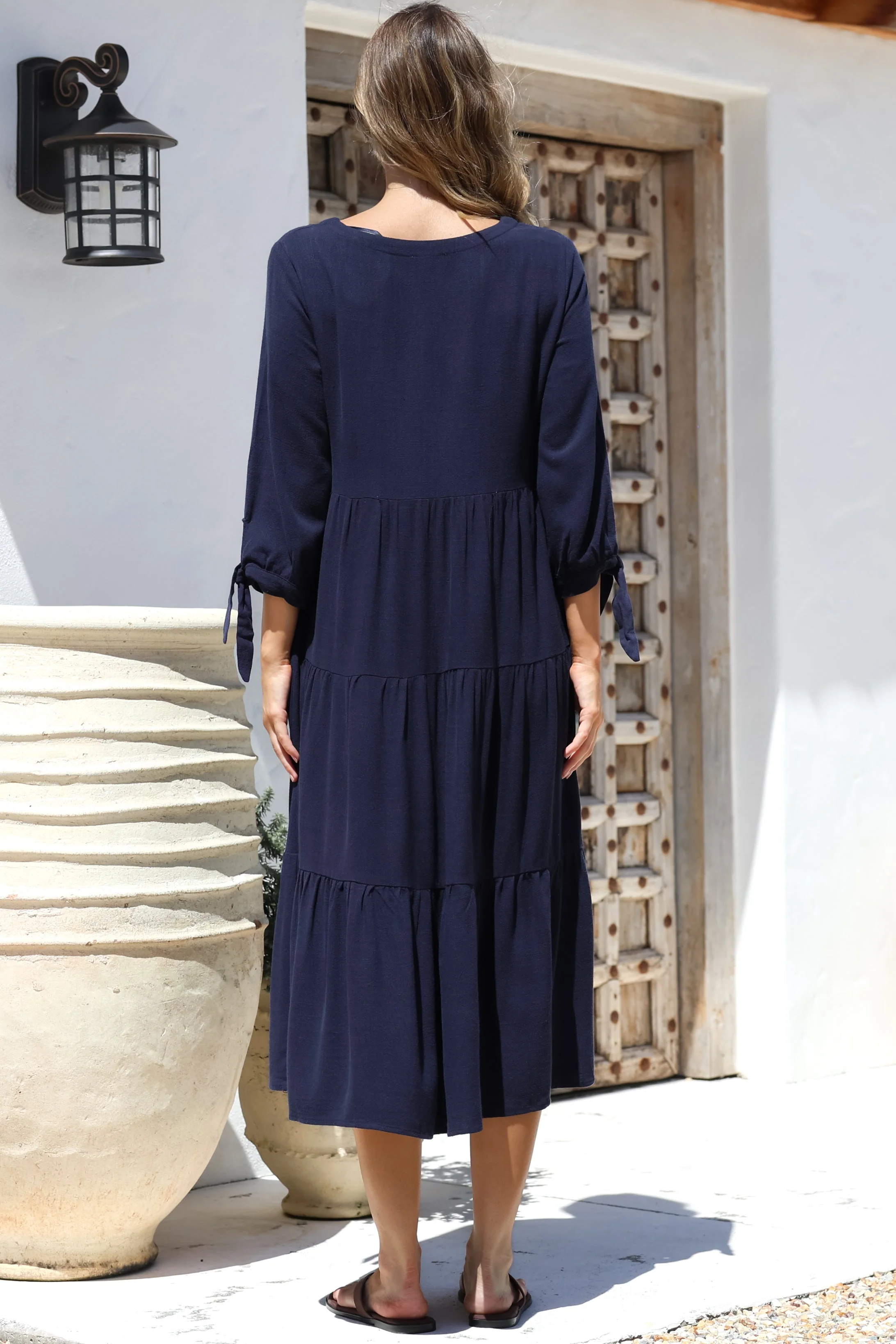 Elisabette Midi Dress - V-Neck Tiered Linen Dress with 3/4 Tie Cuff Sleeves in Navy - Image 9