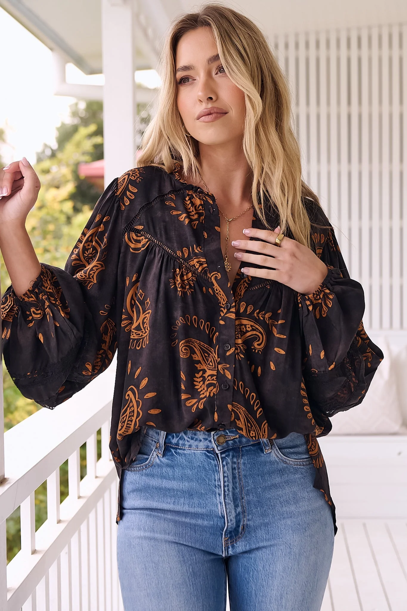 JAASE - Eliza Blouse: Frill Collar Button Down Lace Detailed Blouse in Milan Print - Image 4