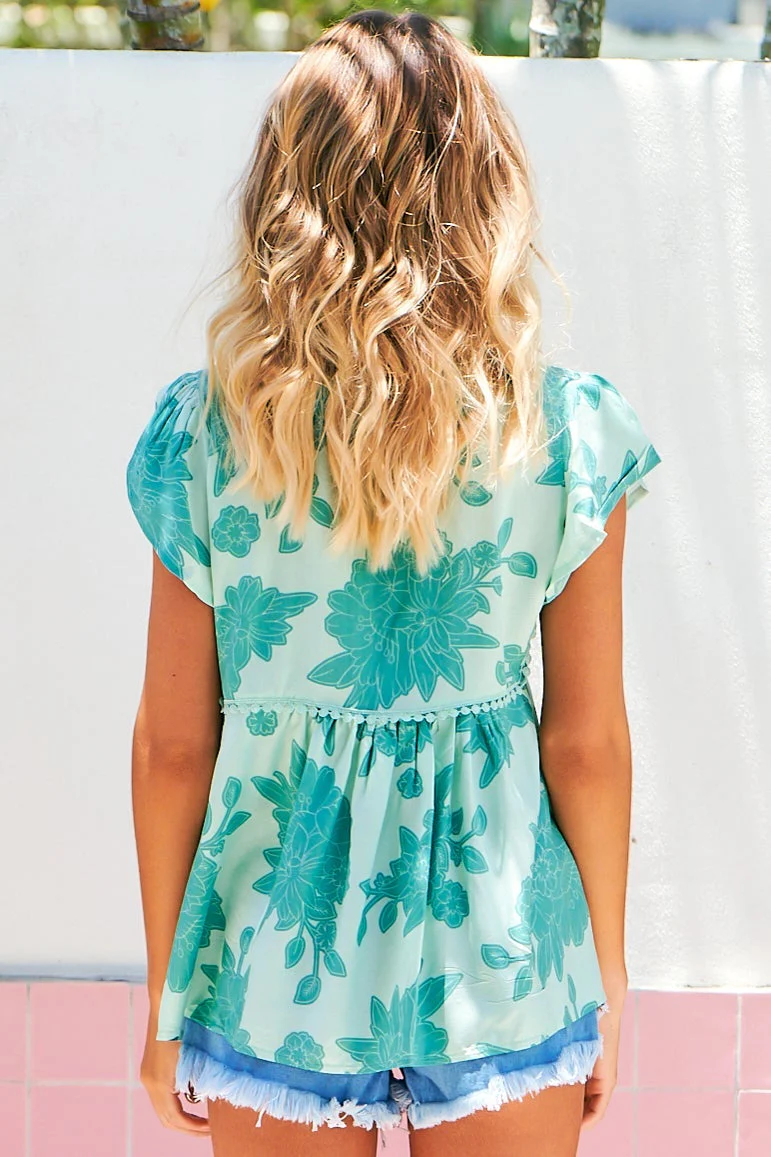 JAASE - Ella Top: Butterfly Cap Sleeve Smock Top with Neck Tie in Capri Sea Print - Image 6