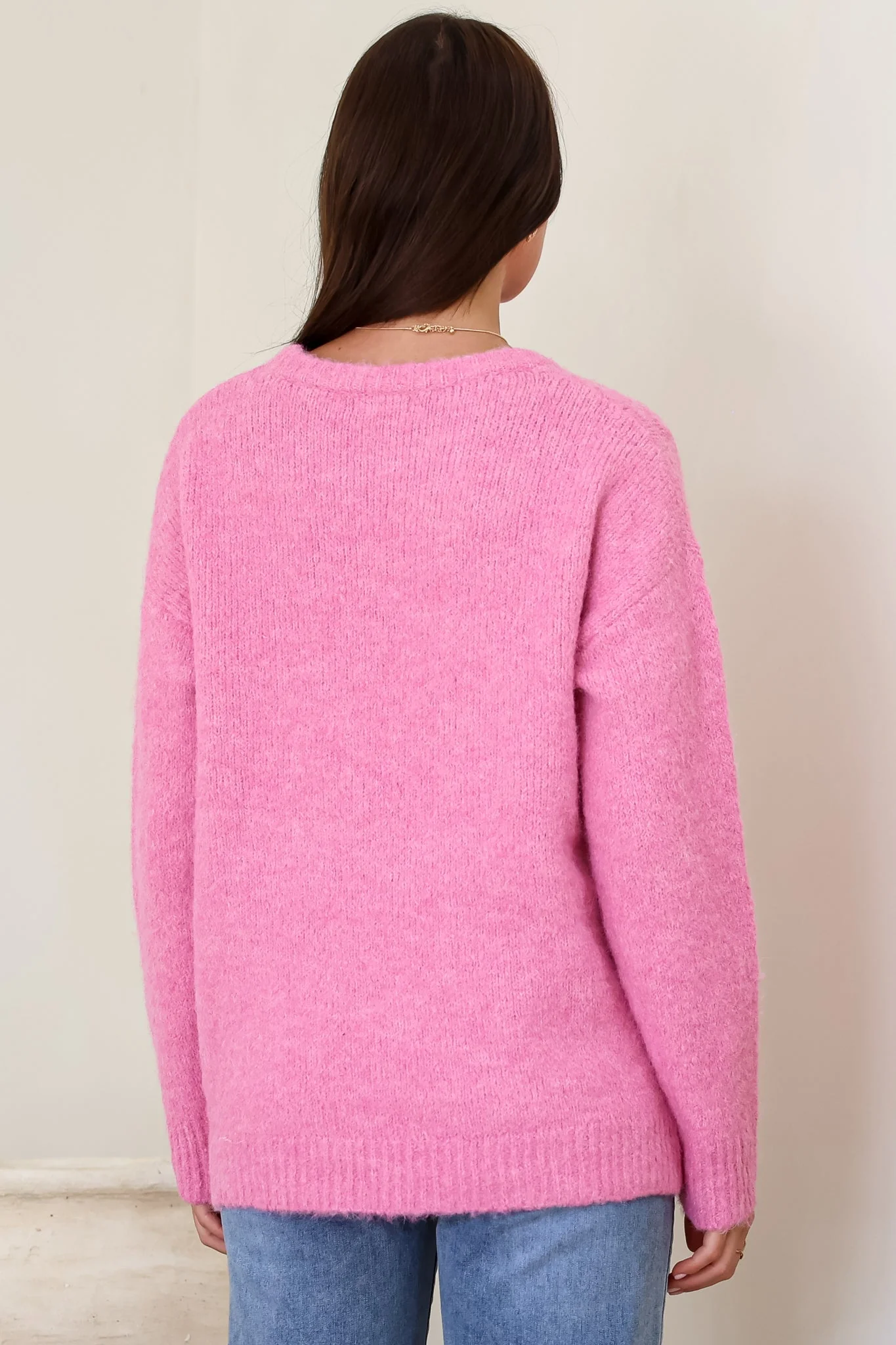 Ellie Jumper - Crew Neck Pull Over Contrast Heart Print Knit in Pink - Image 8