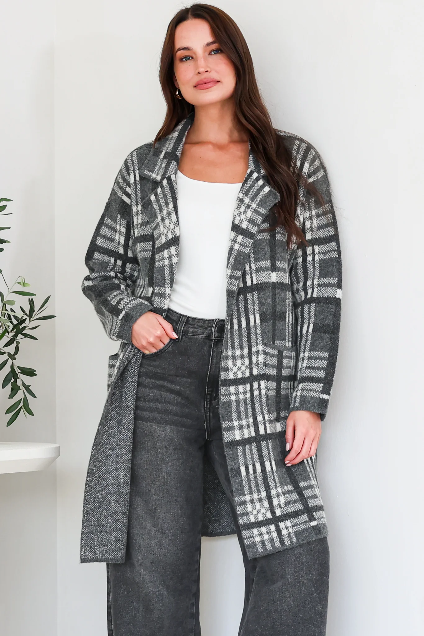 Ellington Cardigan - Lapel Collar Checkered Knit with Pockets in Grey - Image 2