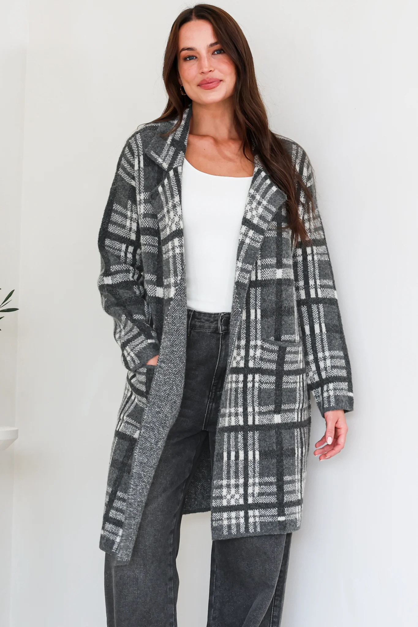Ellington Cardigan - Lapel Collar Checkered Knit with Pockets in Grey - Image 3