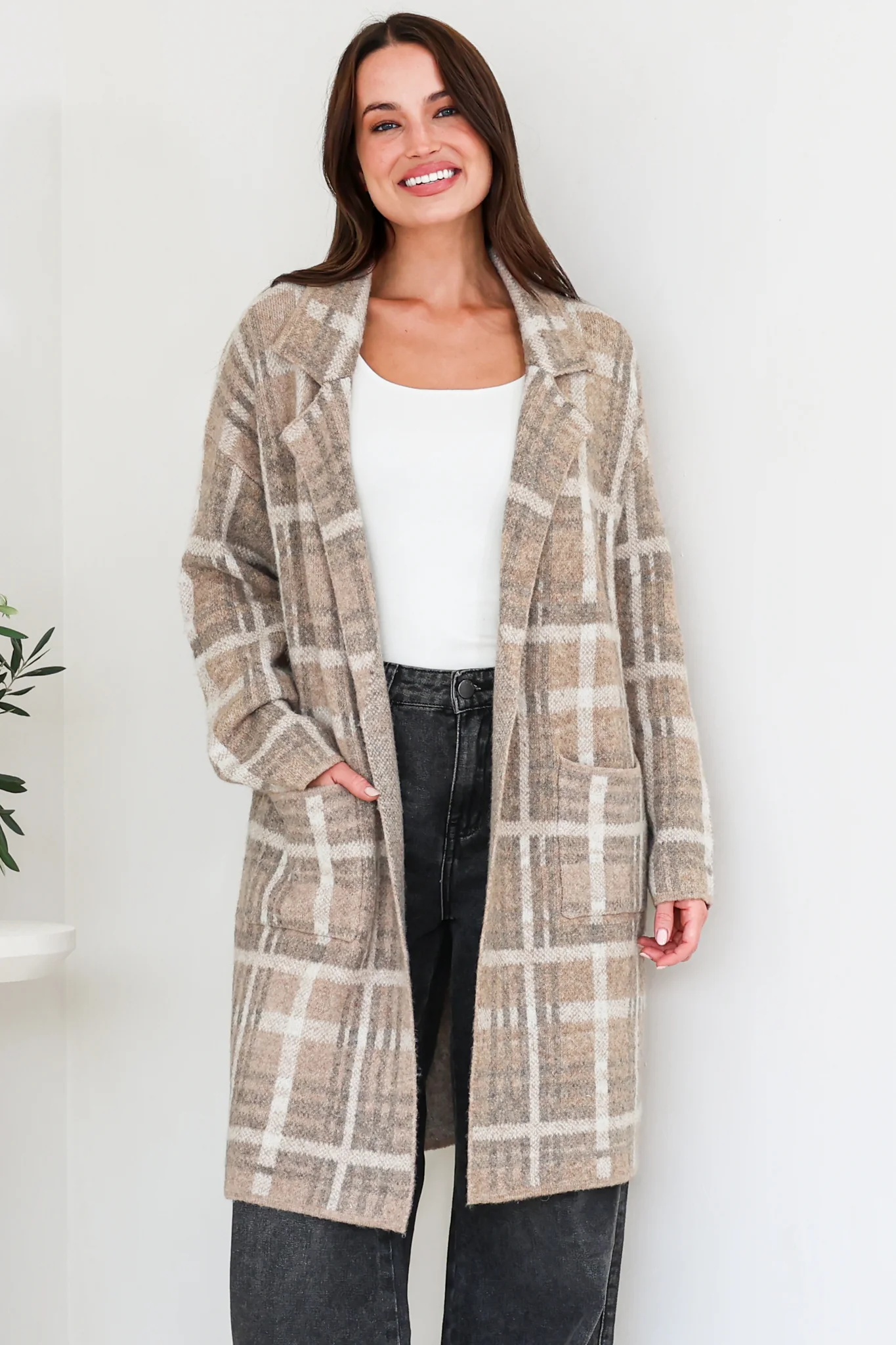 Ellington Cardigan - Lapel Collar Checkered Knit with Pockets in Taupe