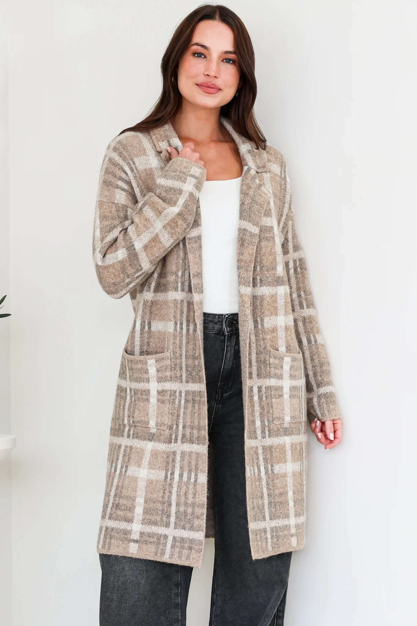 Ellington Cardigan - Lapel Collar Checkered Knit with Pockets in Taupe - Image 2