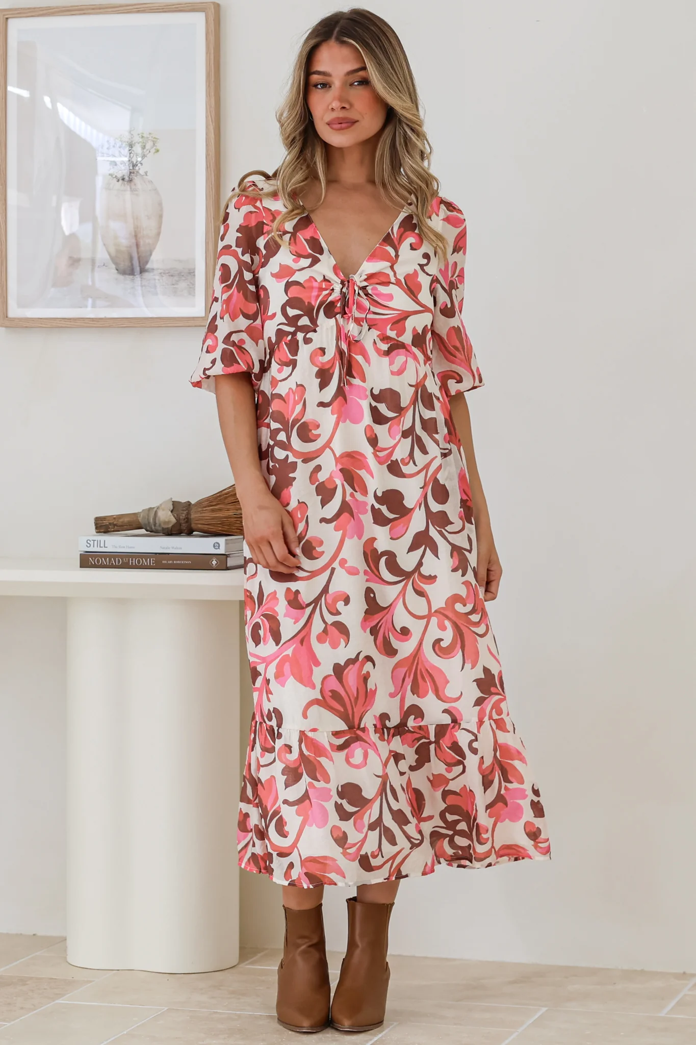 Ellis Midi Dress - V Neck 3/4 Sleeve A-Line Dress in Gemini Print - Image 5