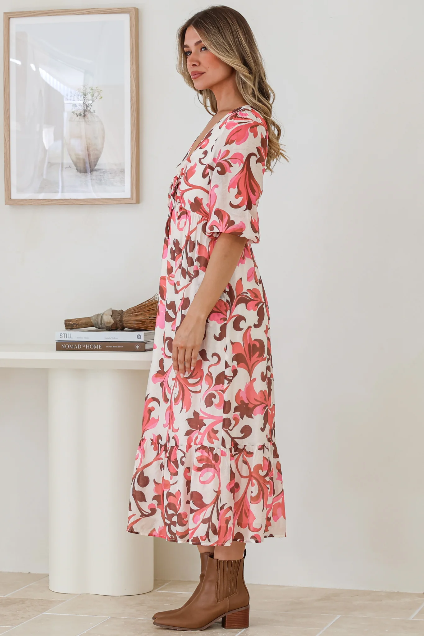 Ellis Midi Dress - V Neck 3/4 Sleeve A-Line Dress in Gemini Print - Image 7