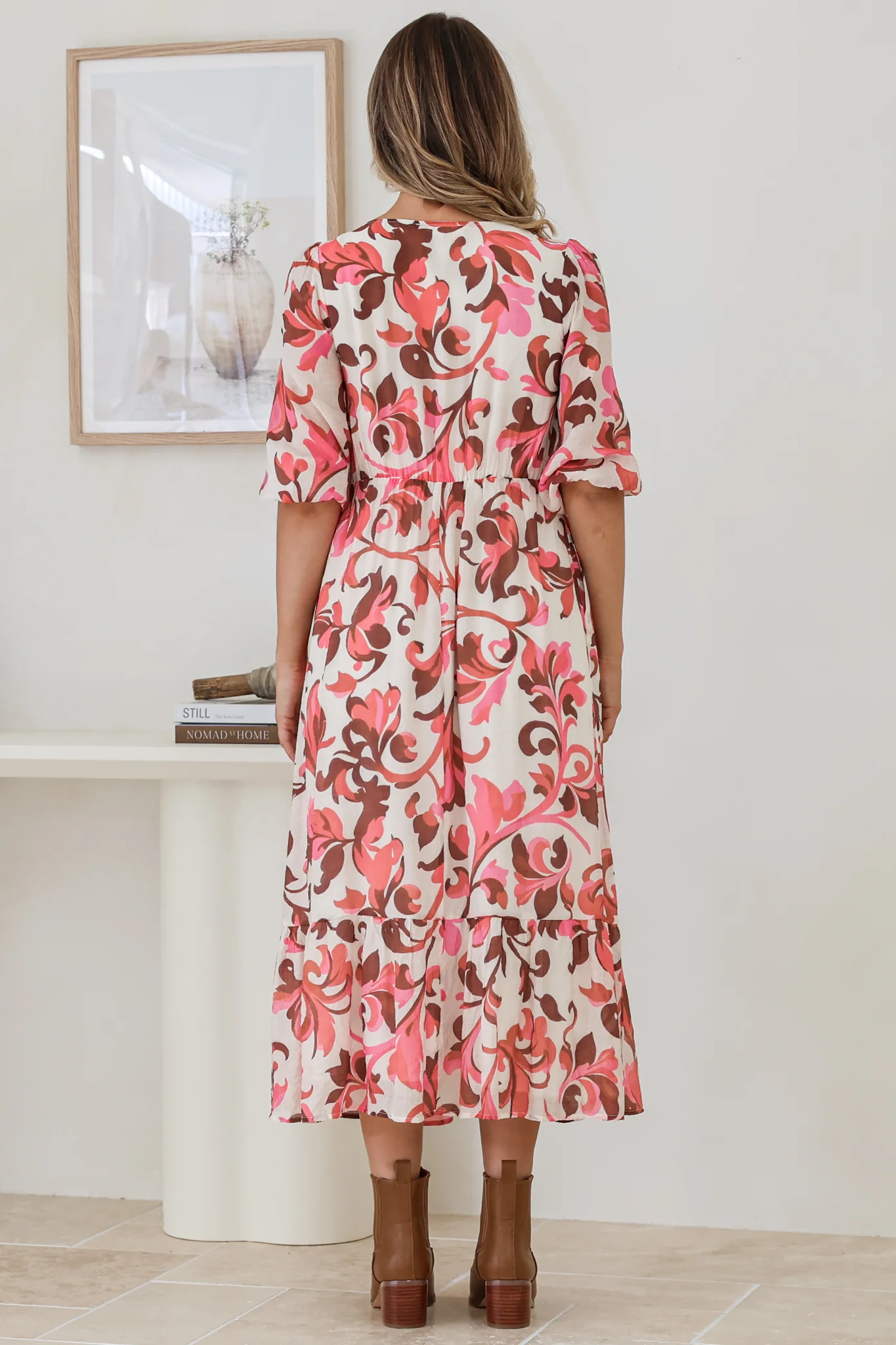 Ellis Midi Dress - V Neck 3/4 Sleeve A-Line Dress in Gemini Print - Image 8