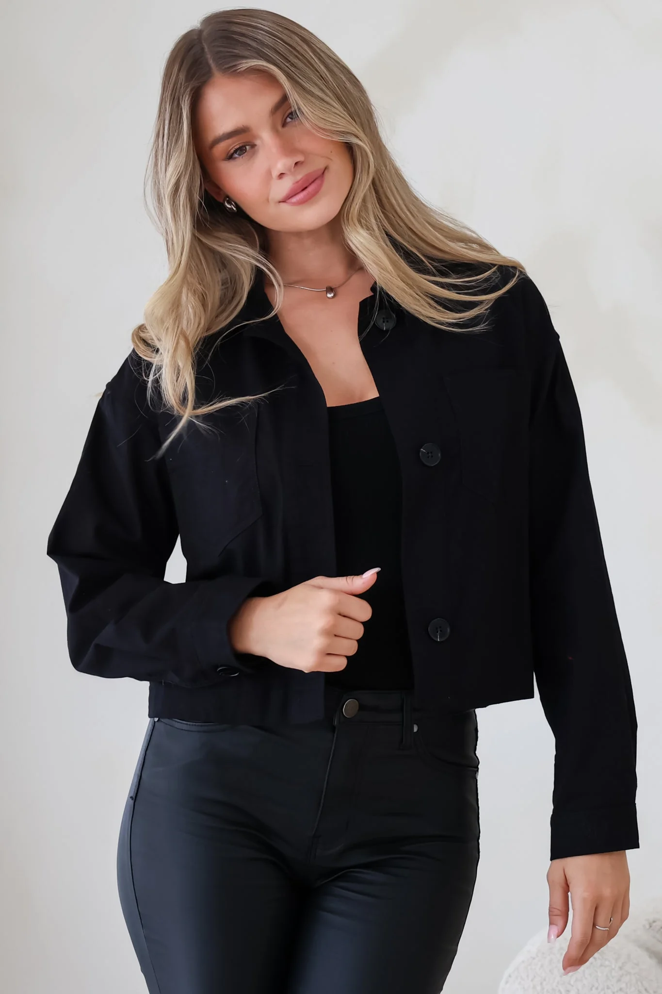 Elma Jacket - Wing Collar Button Down Cropped Jacket in Black