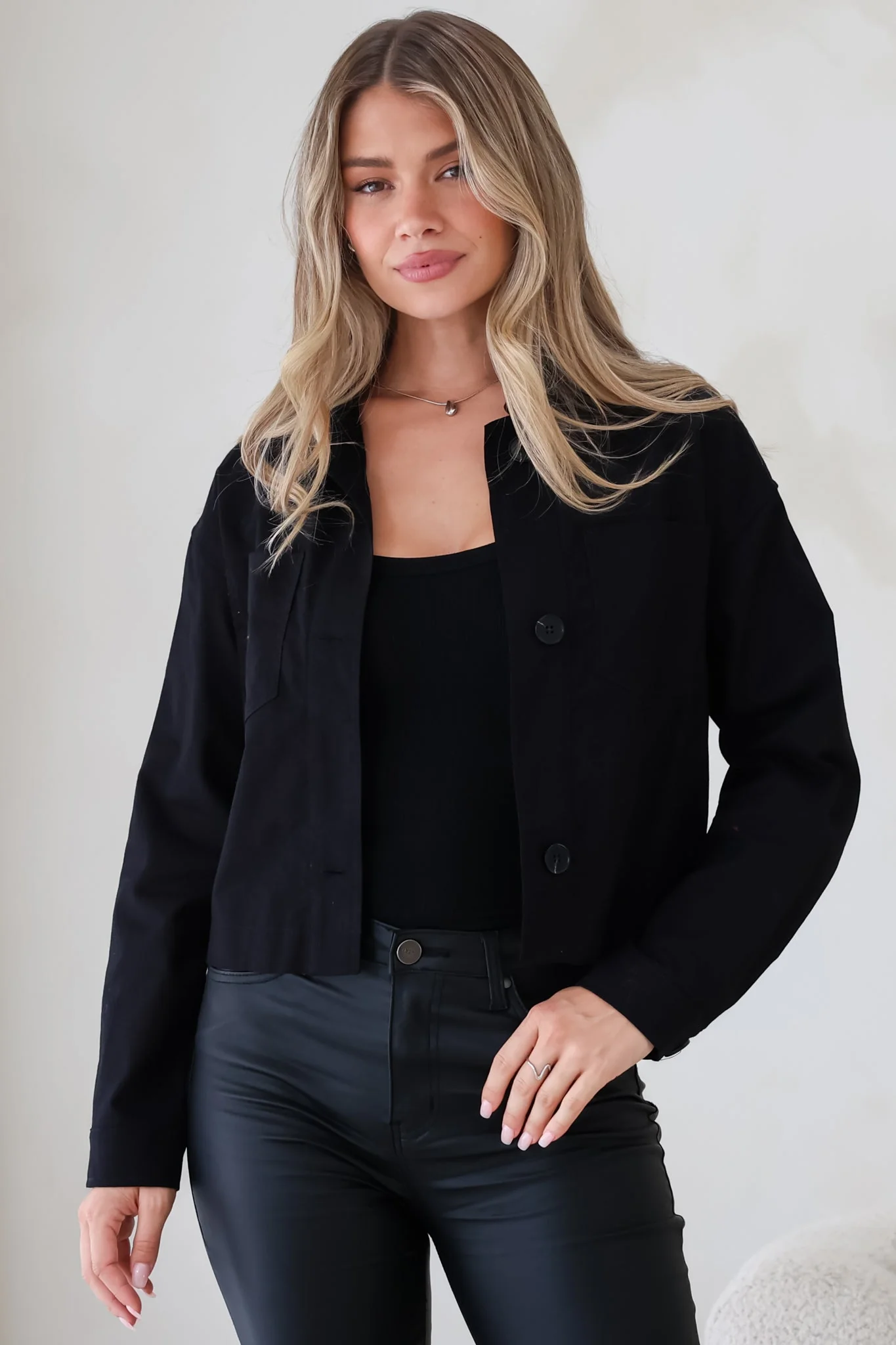 Elma Jacket - Wing Collar Button Down Cropped Jacket in Black - Image 2