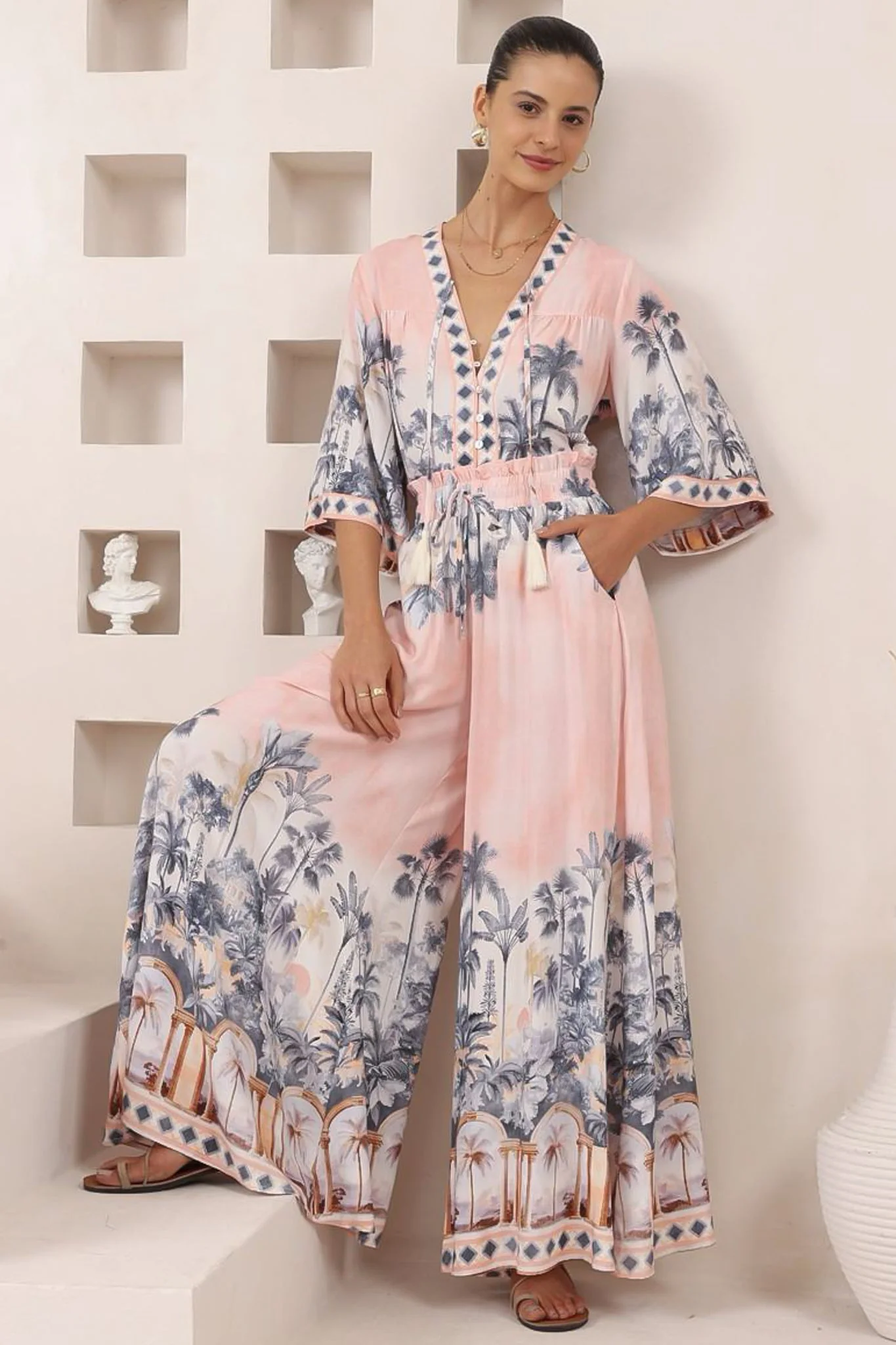 Elysia Blouse - Deep V Neck Button Down 3/4 Sleeve Top in Armena Print - Image 3