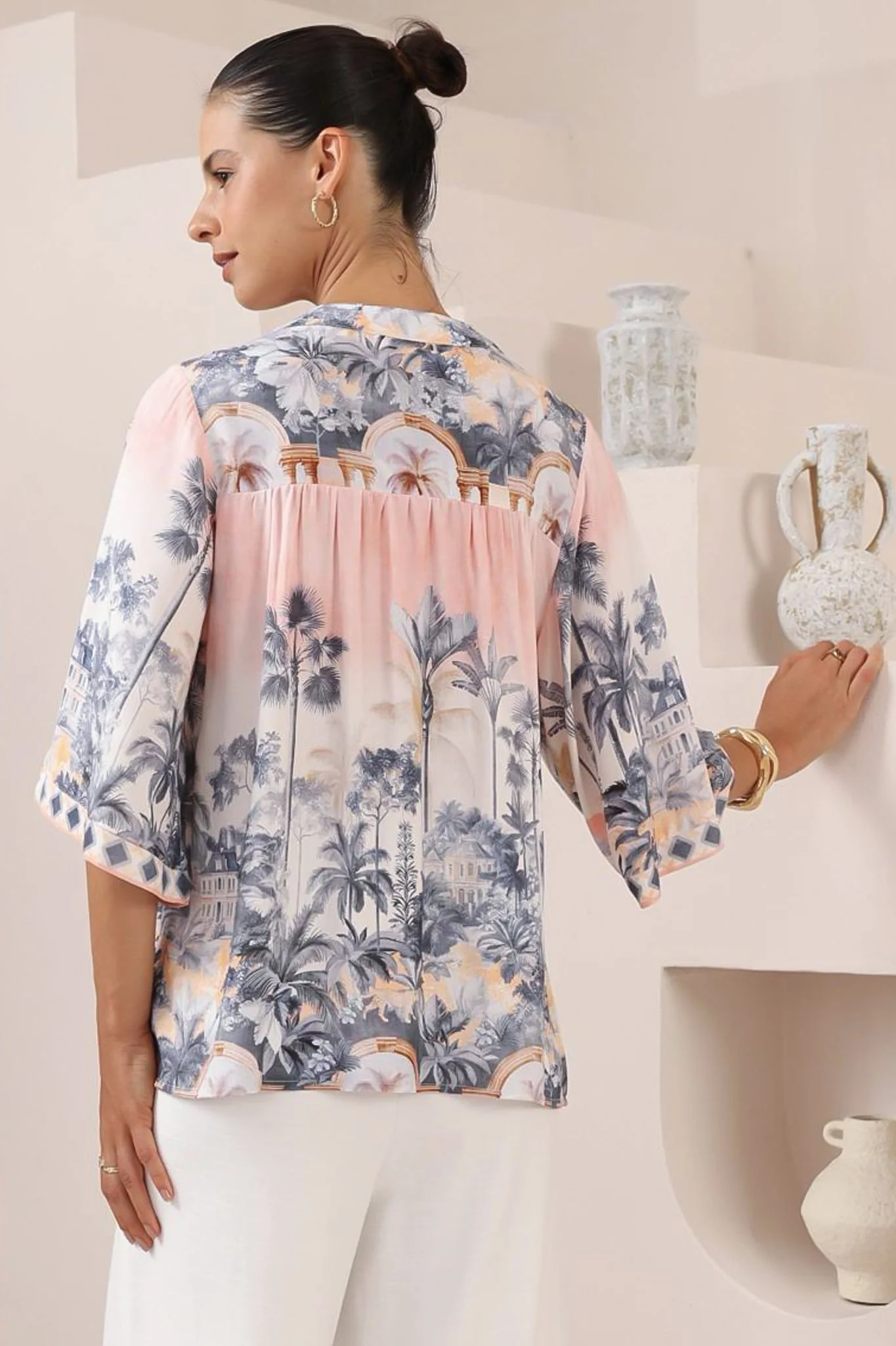 Elysia Blouse - Deep V Neck Button Down 3/4 Sleeve Top in Armena Print - Image 5