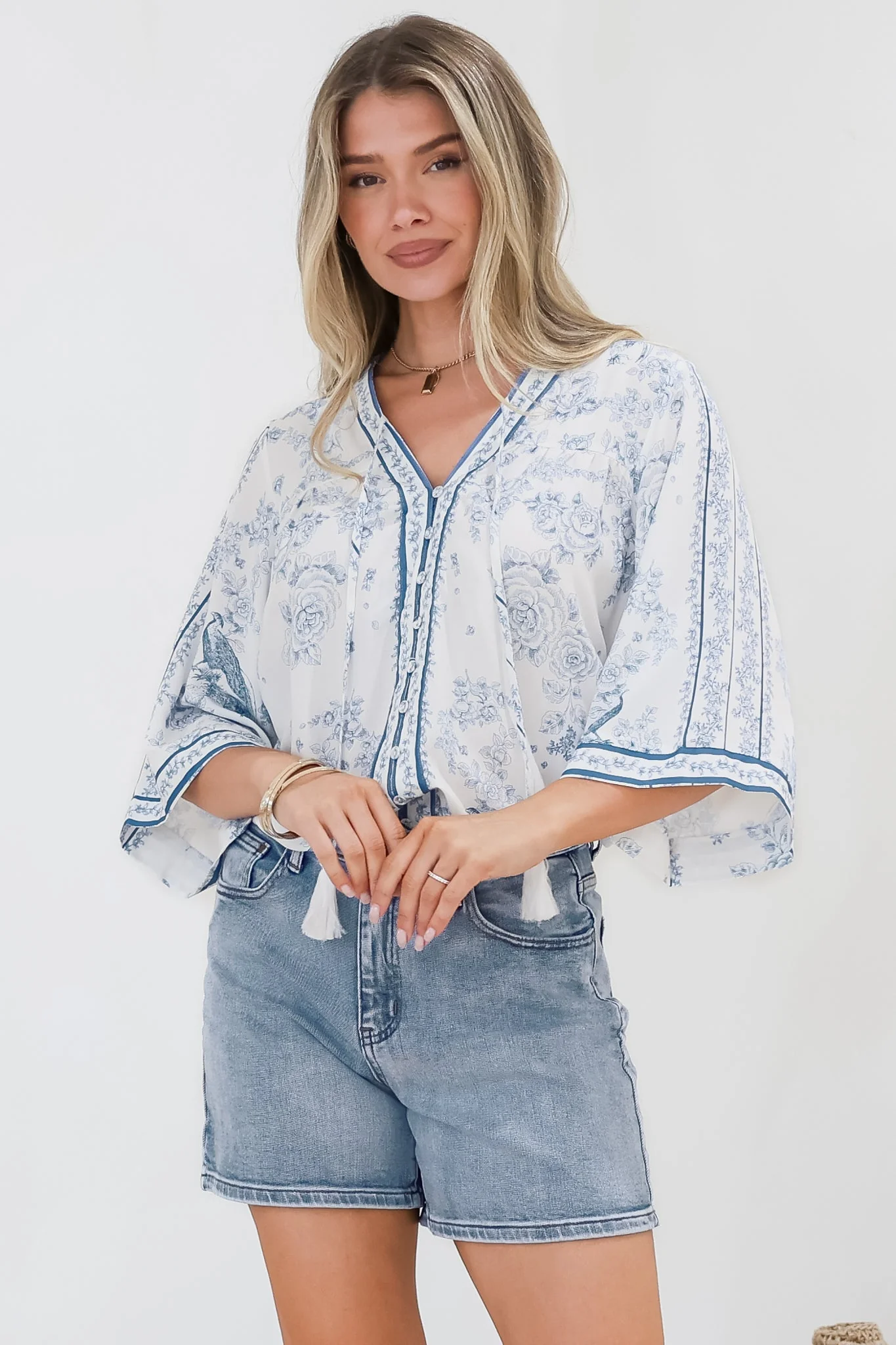 Elysia Blouse - Deep V Neck Button Down 3/4 Sleeve Top in Josie Print - Image 3