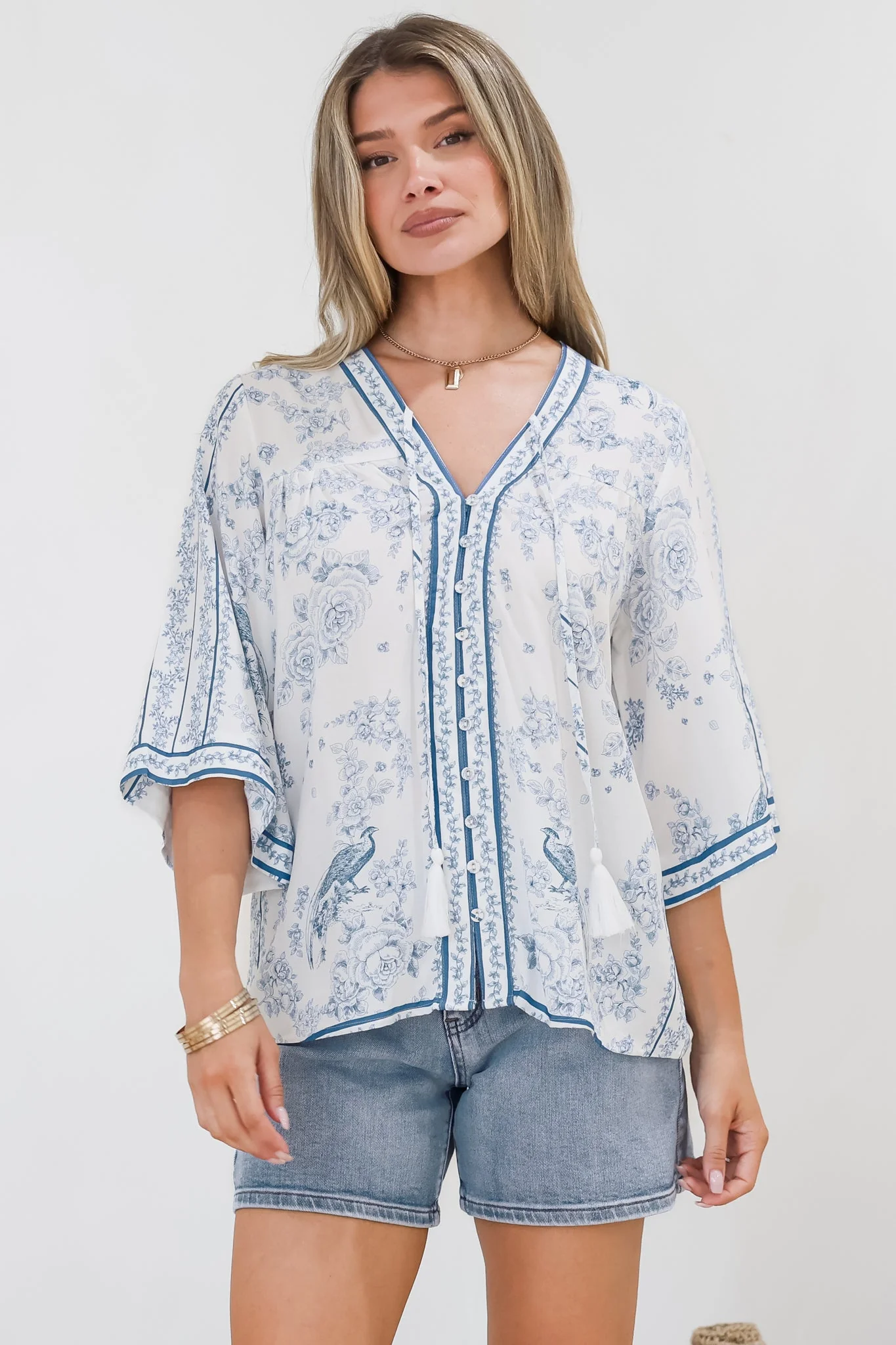 Elysia Blouse - Deep V Neck Button Down 3/4 Sleeve Top in Josie Print - Image 4