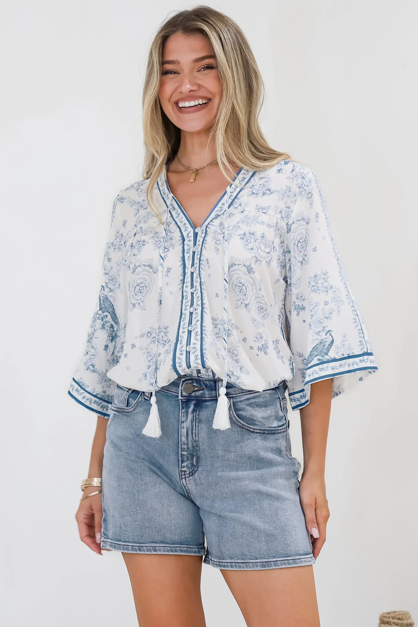 Elysia Blouse - Deep V Neck Button Down 3/4 Sleeve Top in Josie Print - Image 5