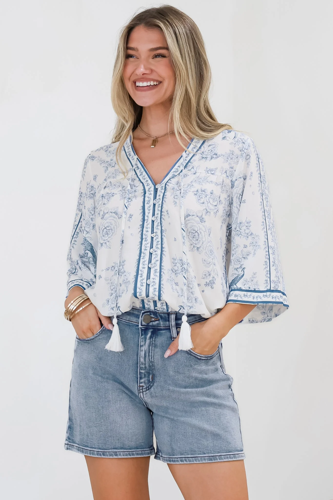 Elysia Blouse - Deep V Neck Button Down 3/4 Sleeve Top in Josie Print - Image 6