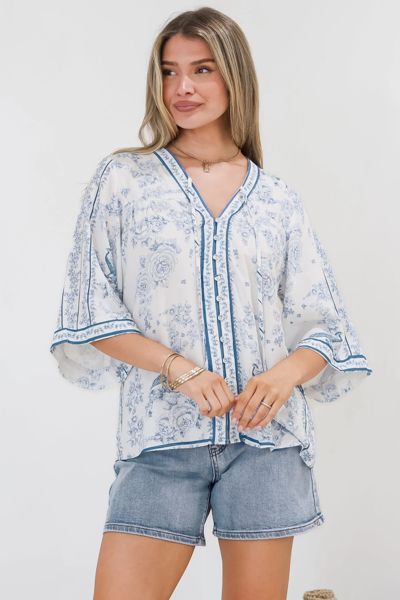 Elysia Blouse - Deep V Neck Button Down 3/4 Sleeve Top in Josie Print - Image 7