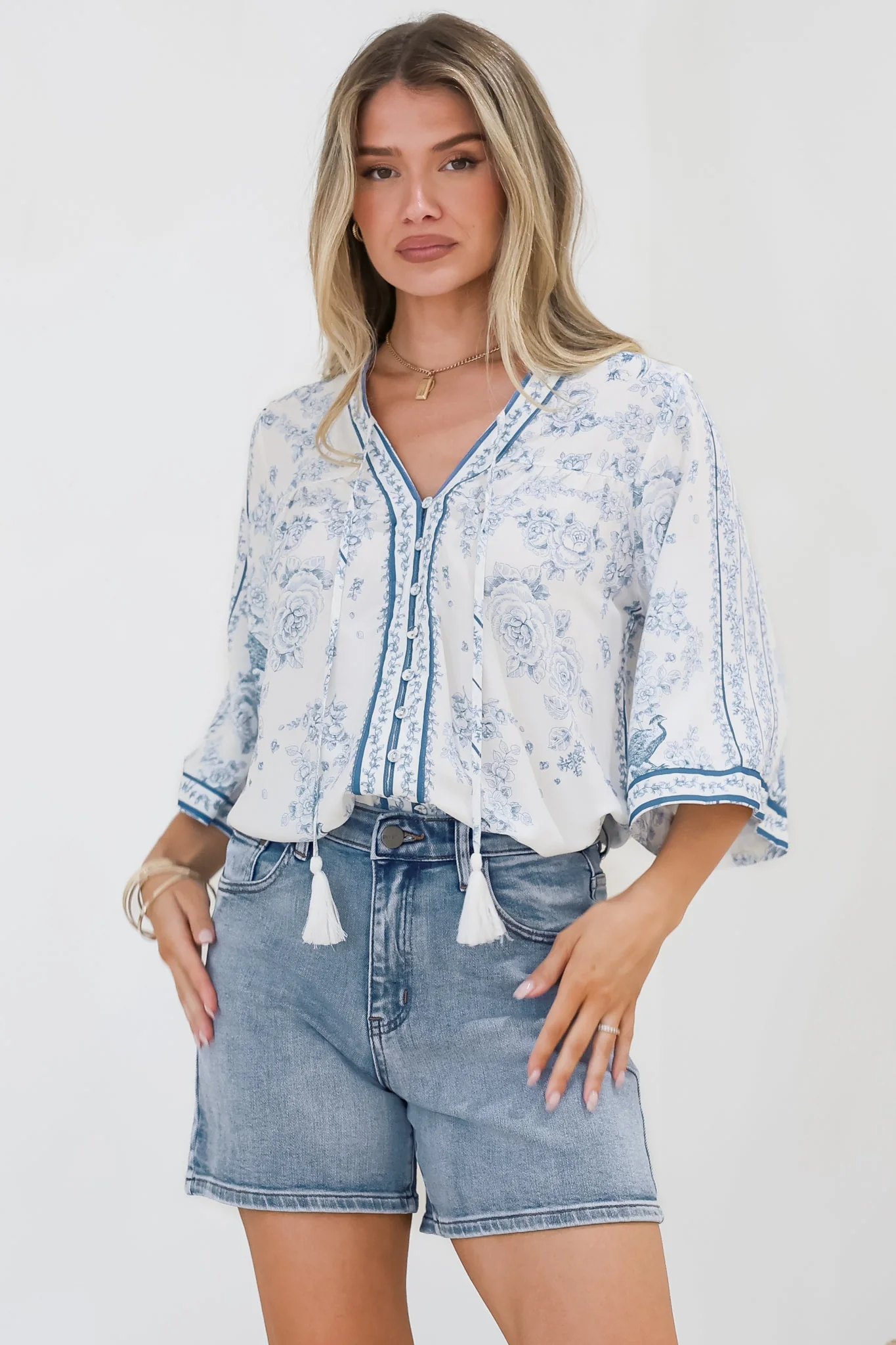 Elysia Blouse - Deep V Neck Button Down 3/4 Sleeve Top in Josie Print - Image 8