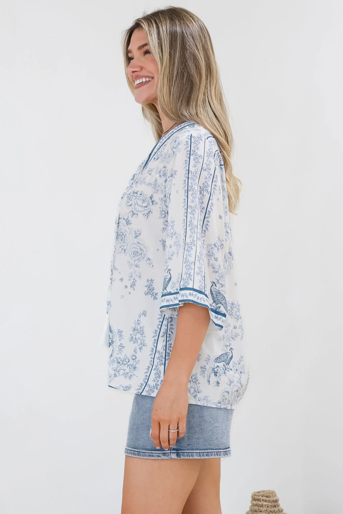 Elysia Blouse - Deep V Neck Button Down 3/4 Sleeve Top in Josie Print - Image 9