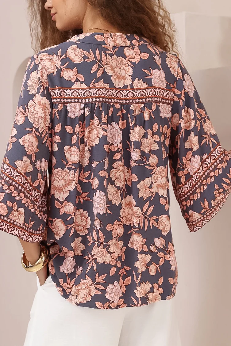 Elysia Blouse - Deep V Neck Button Down 3/4 Sleeve Top in Leandra Print - Image 5