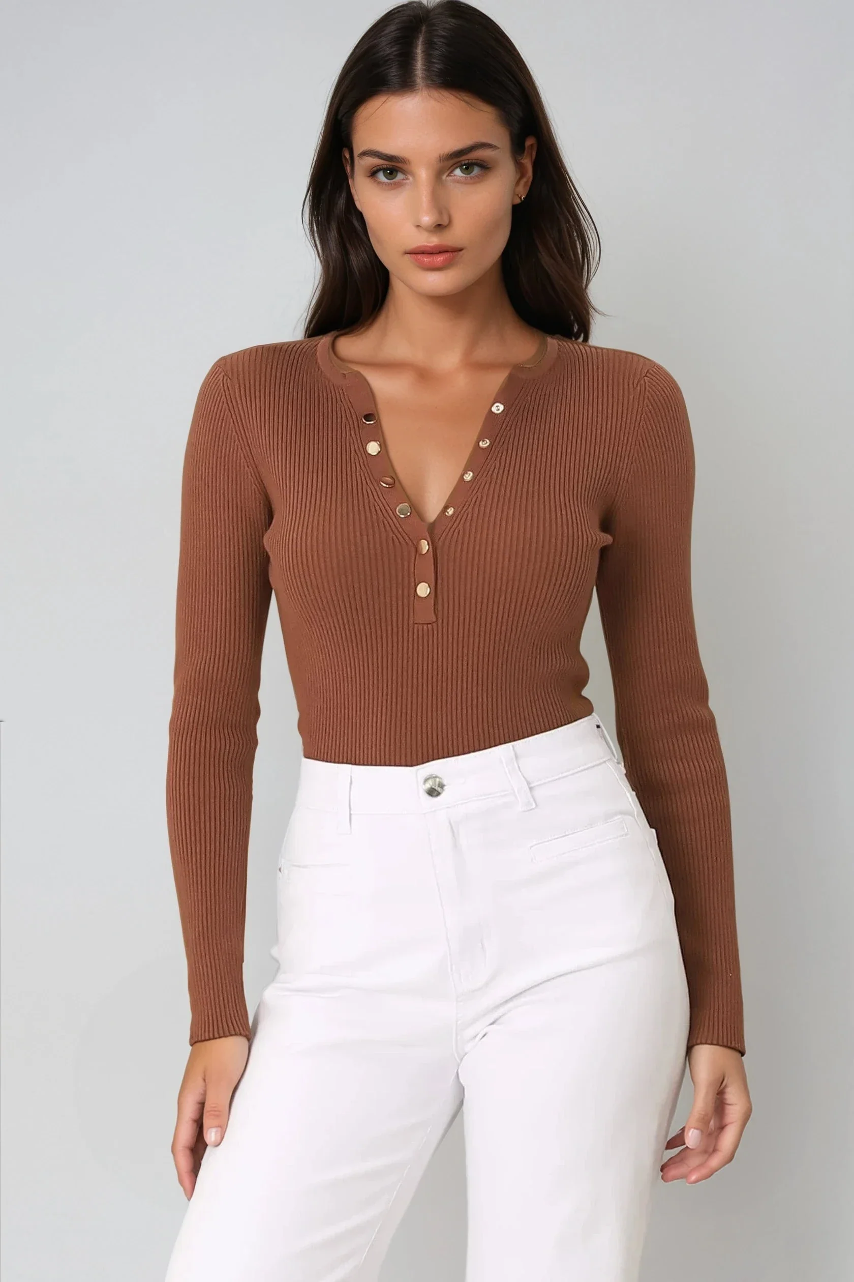 Emilia Knit Top - Gold Button Neckline Ribbed Top in Guava - Image 4