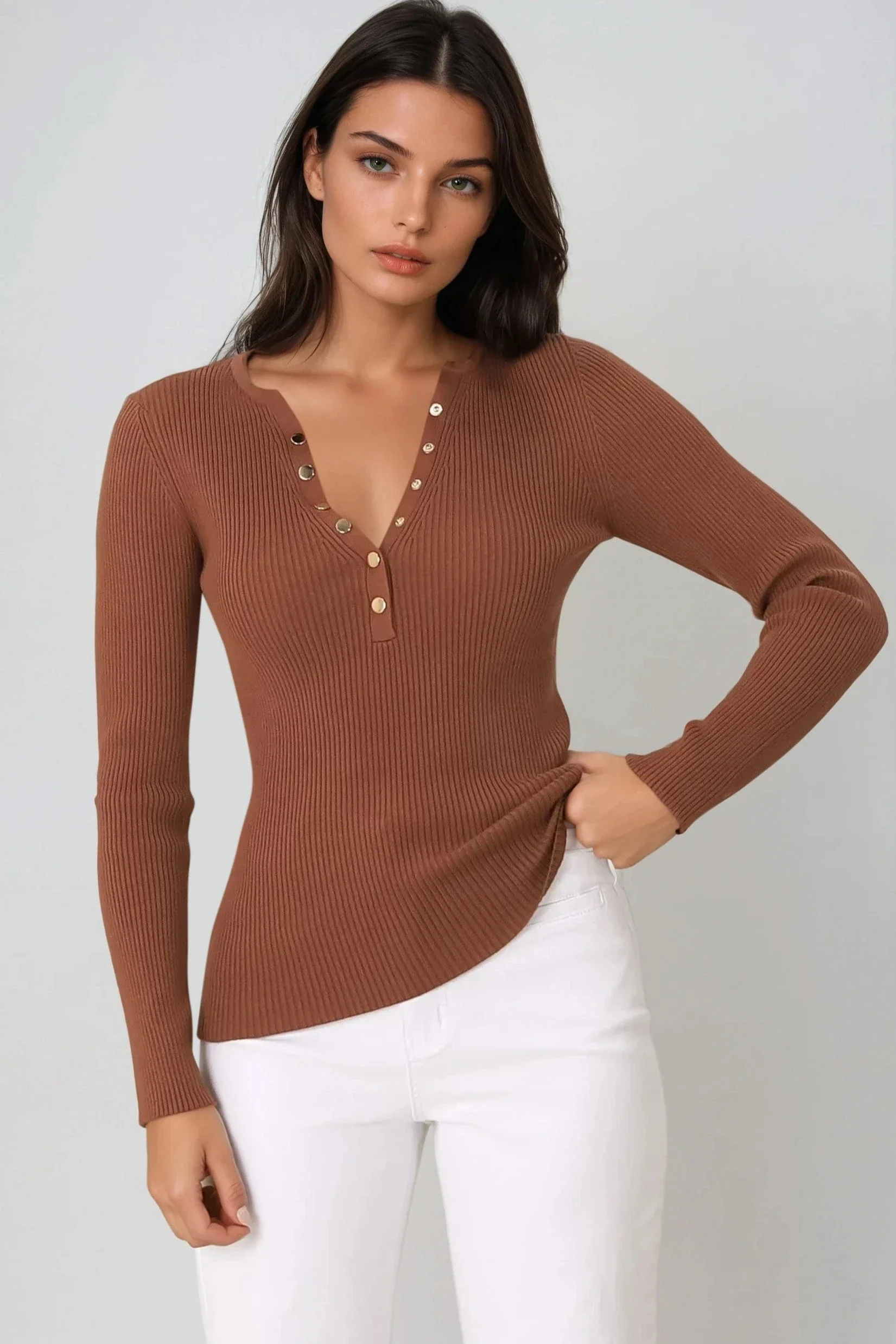 Emilia Knit Top - Gold Button Neckline Ribbed Top in Guava - Image 5
