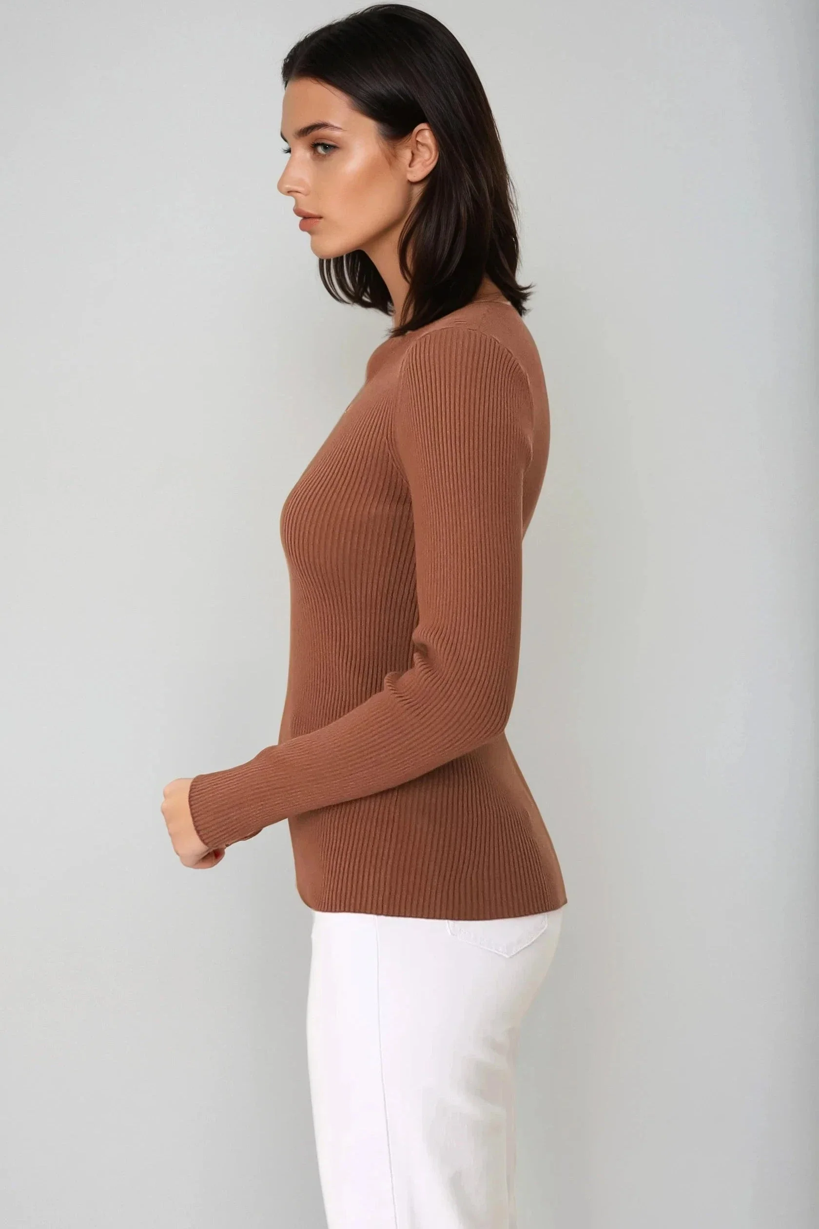 Emilia Knit Top - Gold Button Neckline Ribbed Top in Guava - Image 7