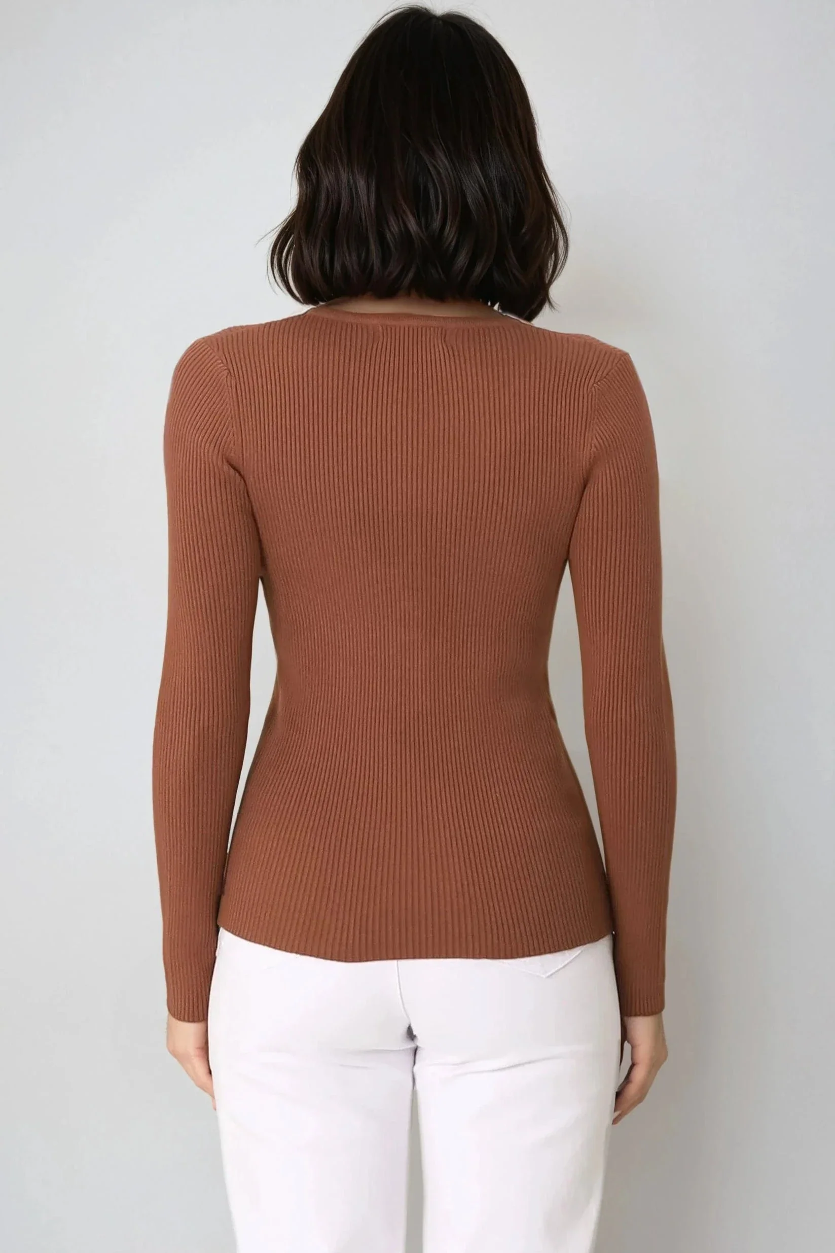 Emilia Knit Top - Gold Button Neckline Ribbed Top in Guava - Image 8