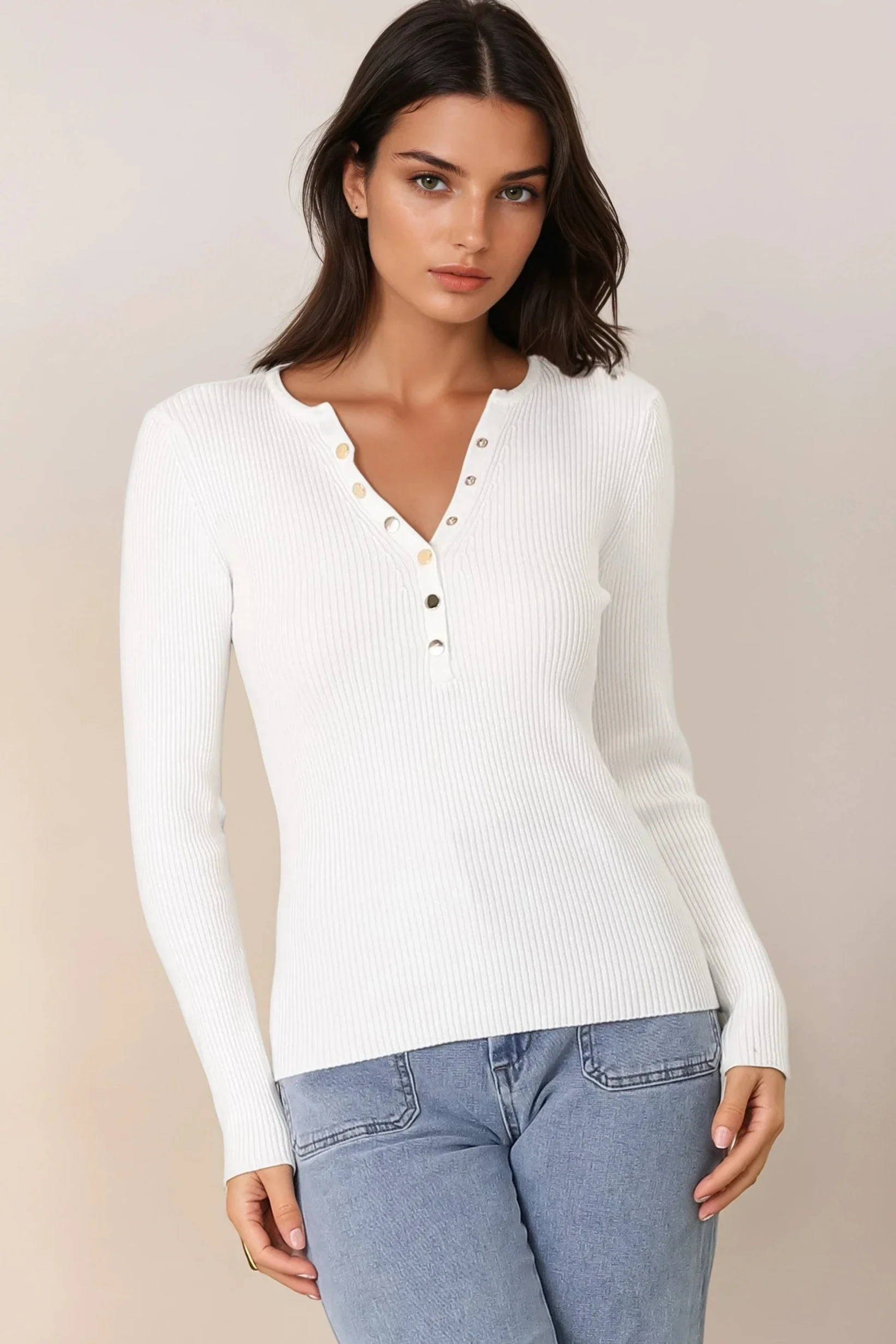 Emilia Knit Top - Gold Button Neckline Ribbed Top in White - Image 2