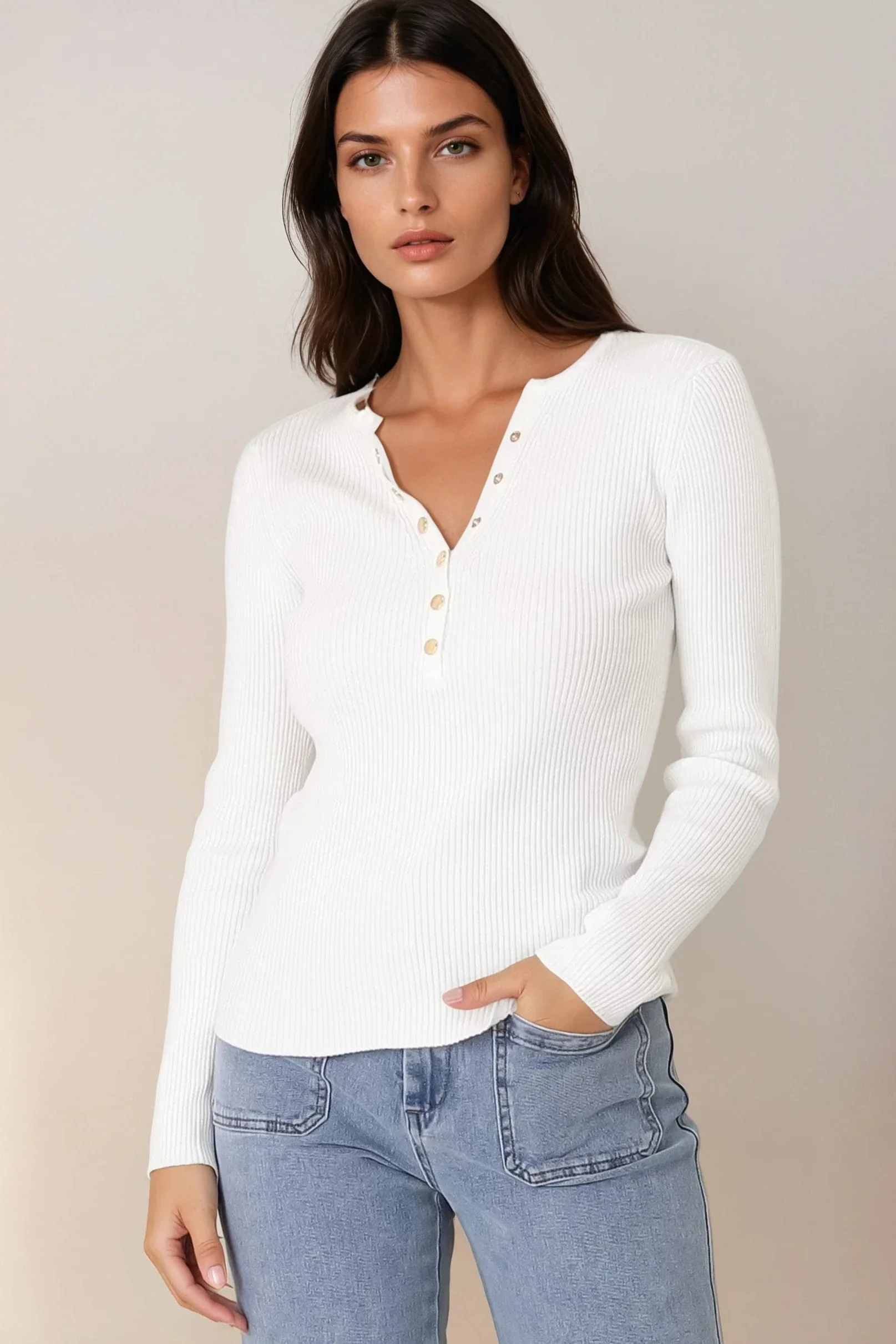 Emilia Knit Top - Gold Button Neckline Ribbed Top in White - Image 3