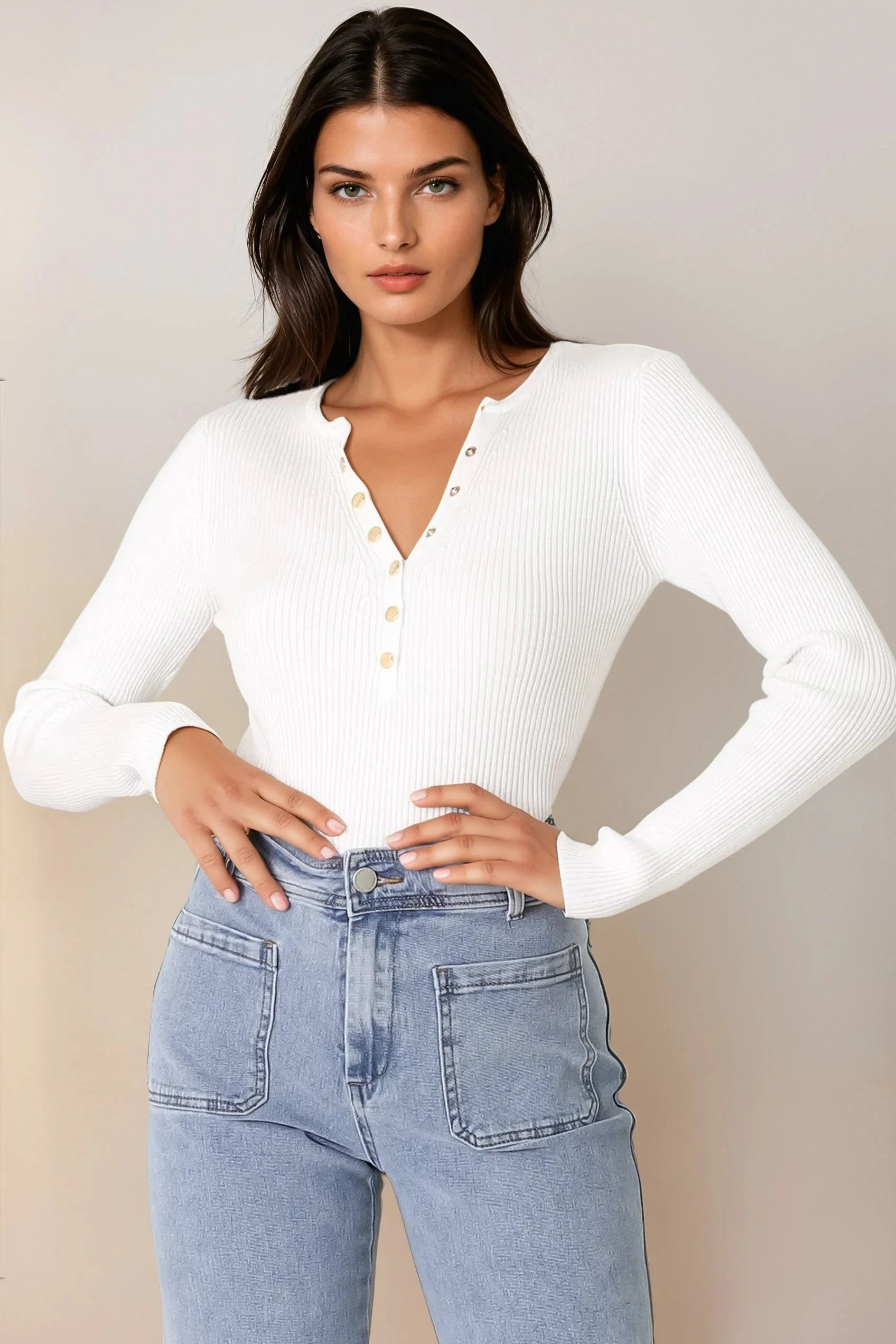 Emilia Knit Top - Gold Button Neckline Ribbed Top in White - Image 4