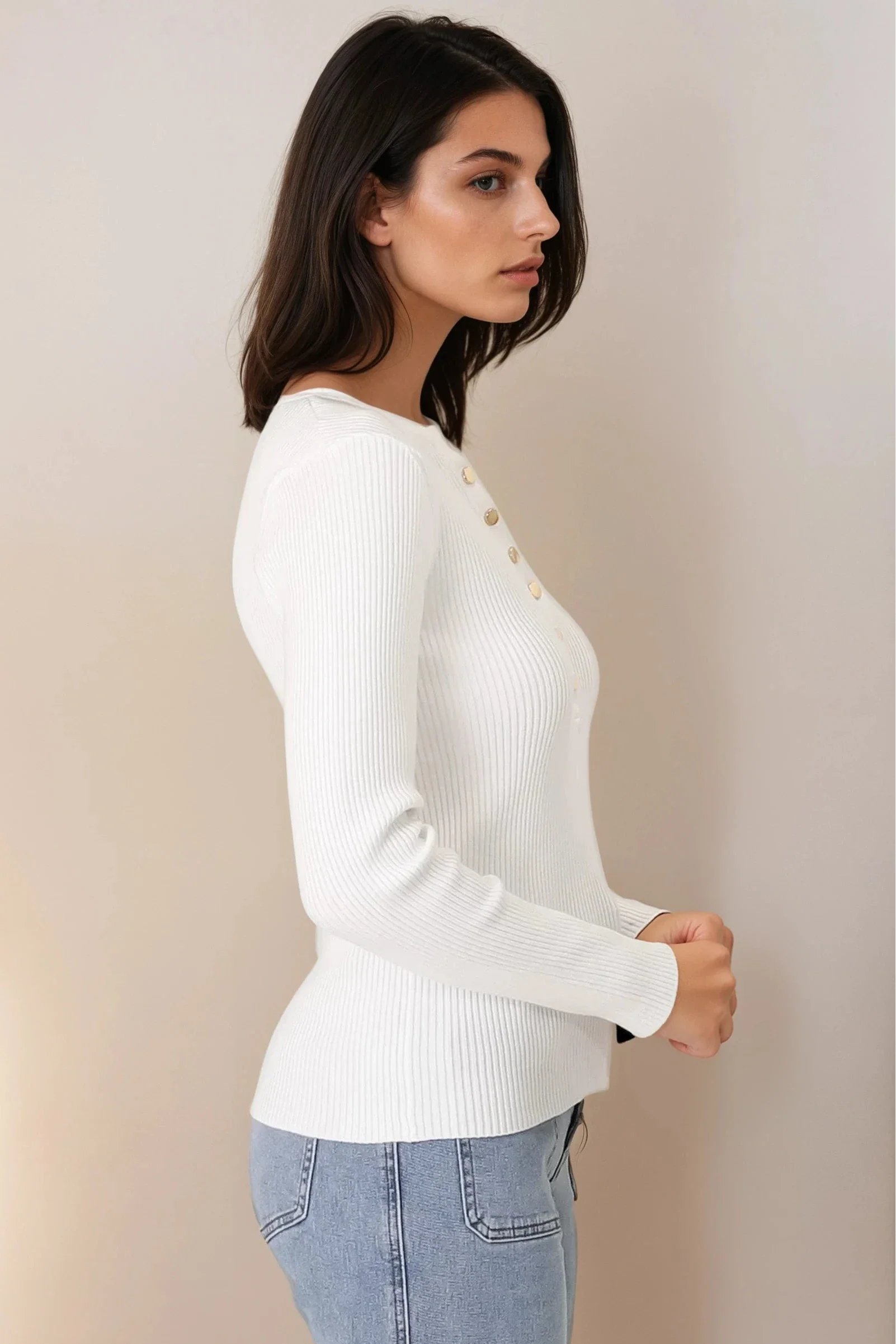 Emilia Knit Top - Gold Button Neckline Ribbed Top in White - Image 7