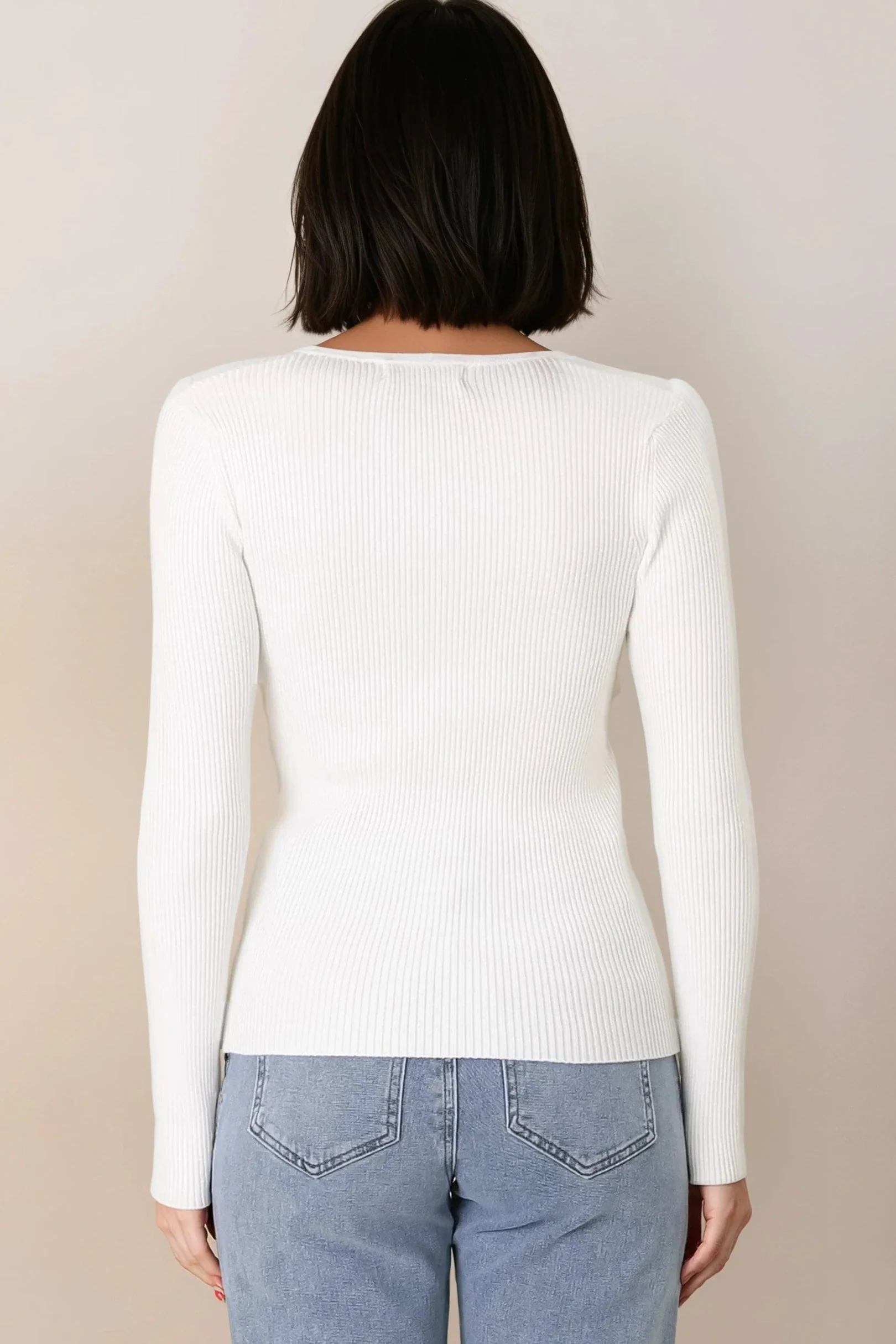 Emilia Knit Top - Gold Button Neckline Ribbed Top in White - Image 8