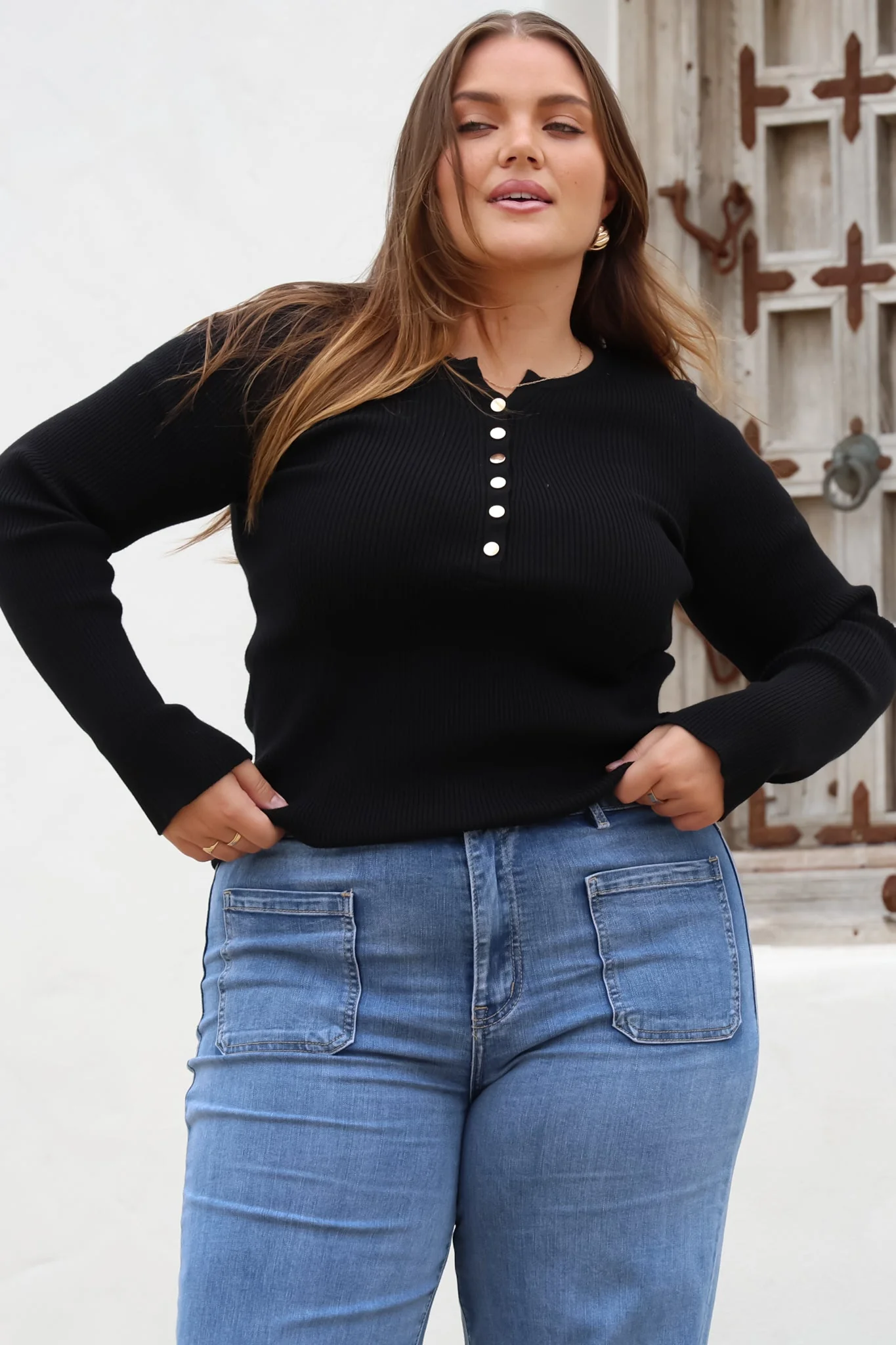 Emilia Knit Top - Gold Button Neckline Ribbed Top in Black - Image 10