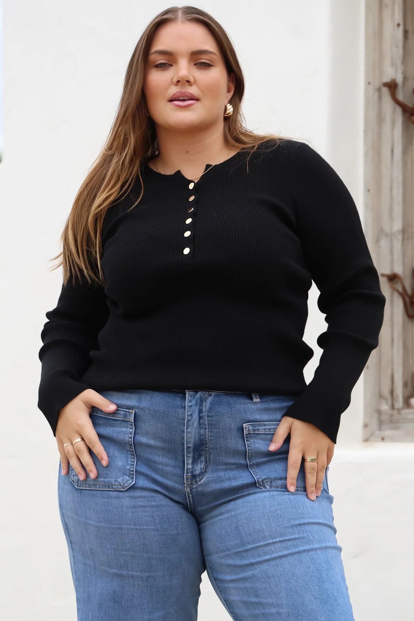 Emilia Knit Top - Gold Button Neckline Ribbed Top in Black - Image 2
