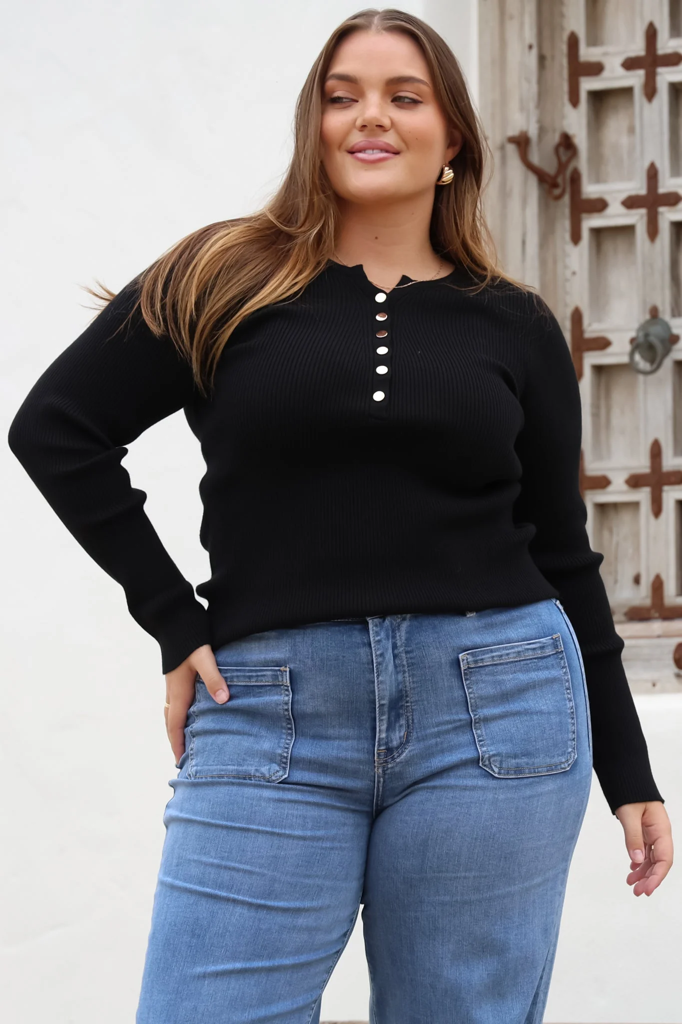 Emilia Knit Top - Gold Button Neckline Ribbed Top in Black - Image 6