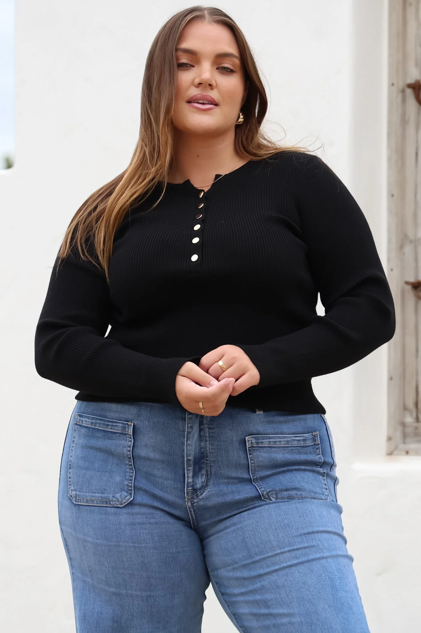 Emilia Knit Top - Gold Button Neckline Ribbed Top in Black - Image 9