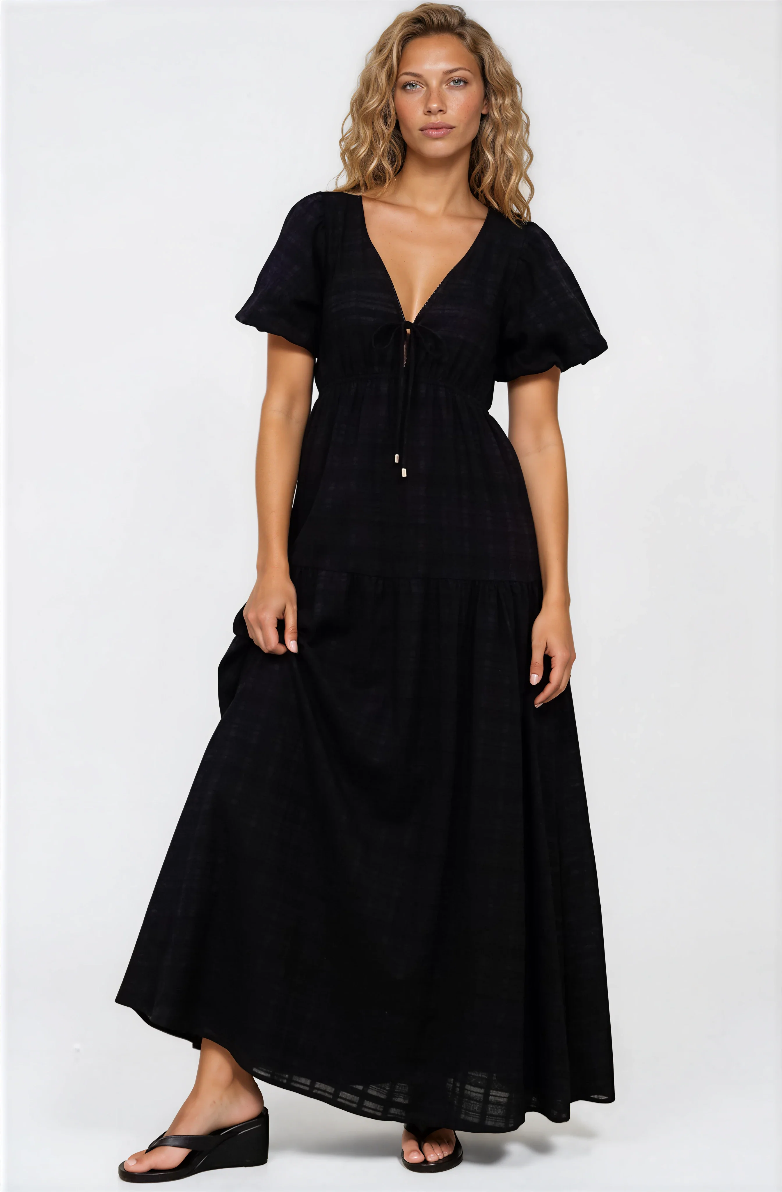 Emirah Maxi Dress - V-Neck Tiered A-Line Dress with Puff Sleeves in Black - Image 2
