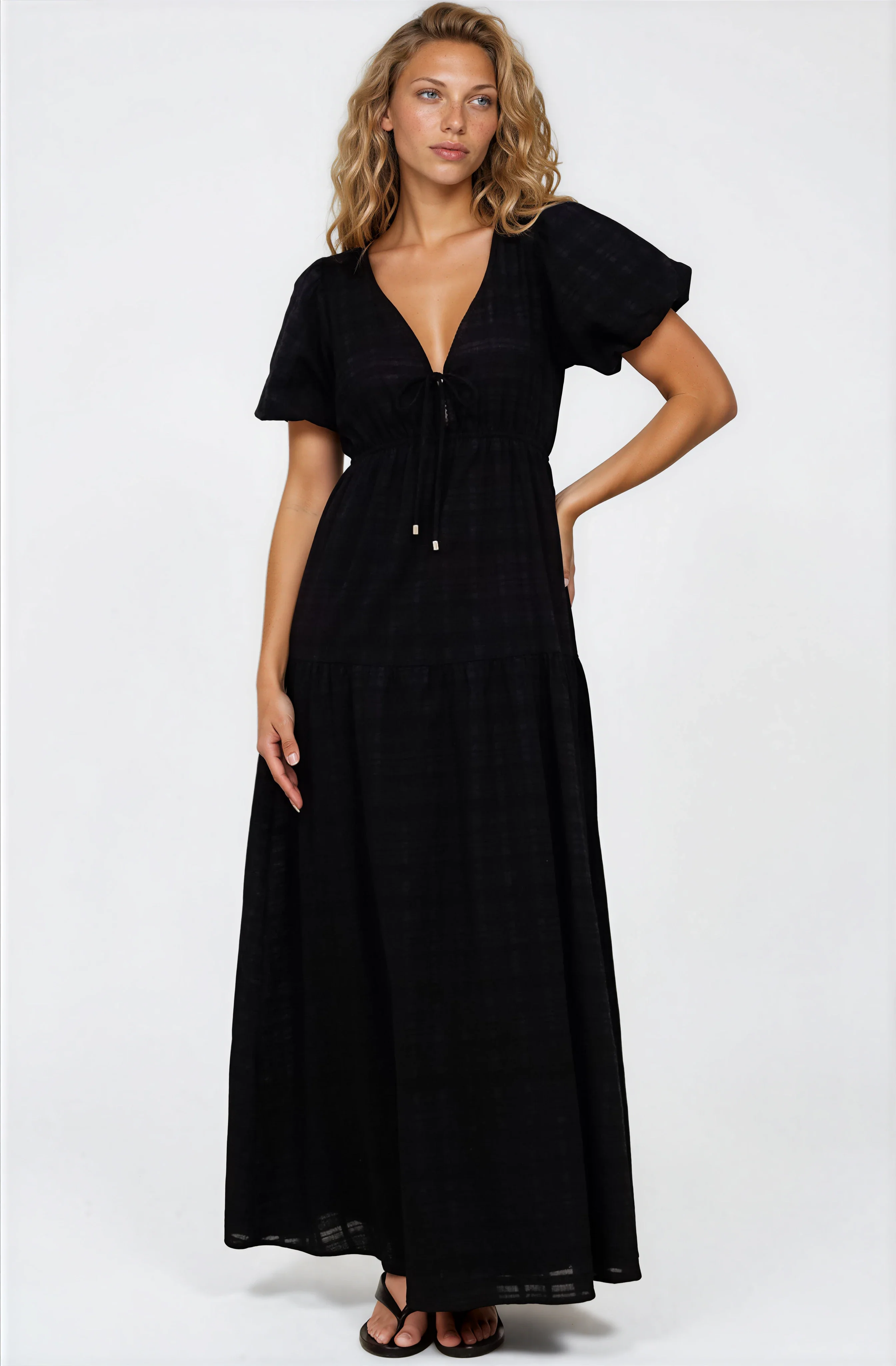 Emirah Maxi Dress - V-Neck Tiered A-Line Dress with Puff Sleeves in Black - Image 3