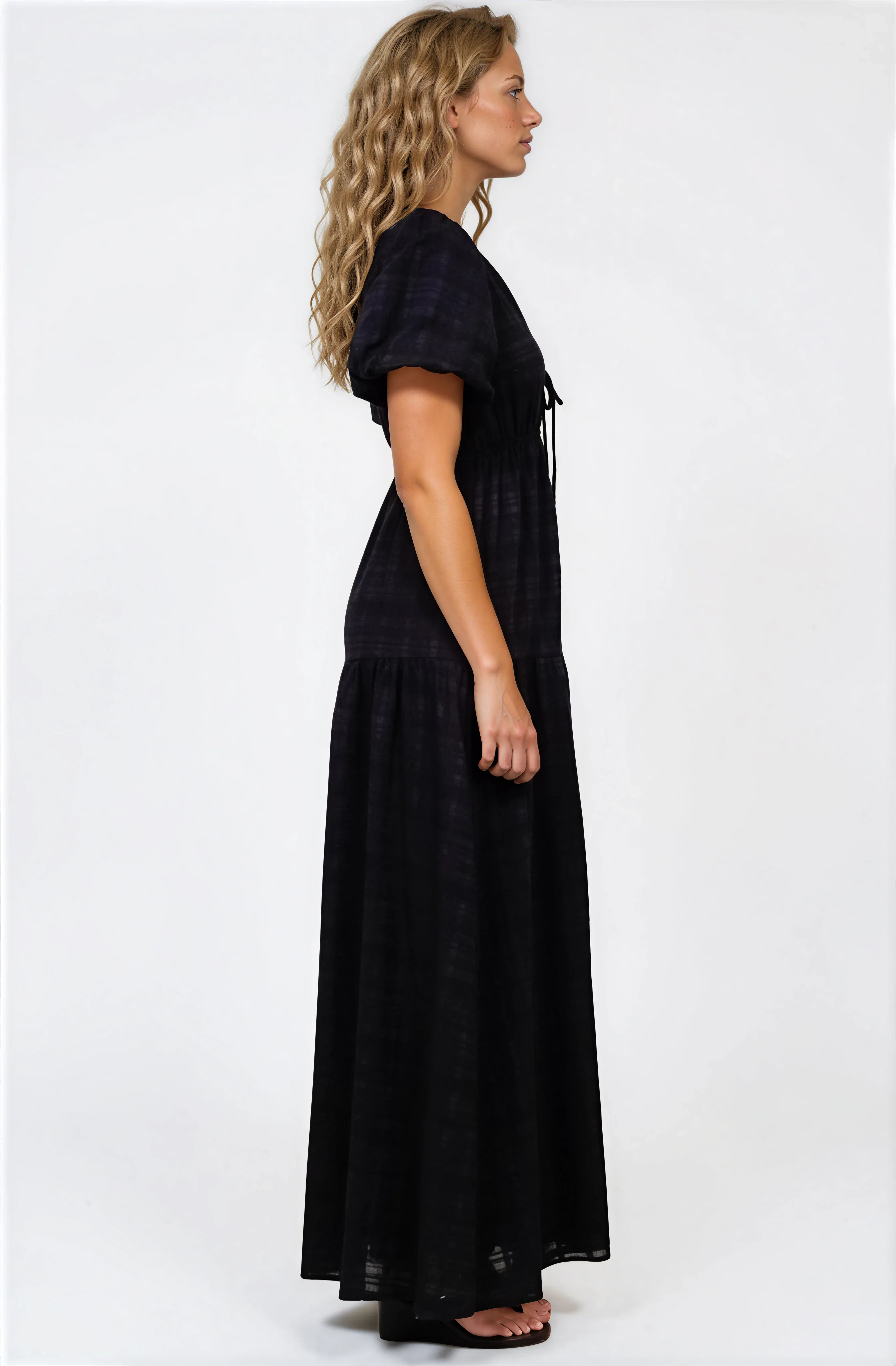 Emirah Maxi Dress - V-Neck Tiered A-Line Dress with Puff Sleeves in Black - Image 4