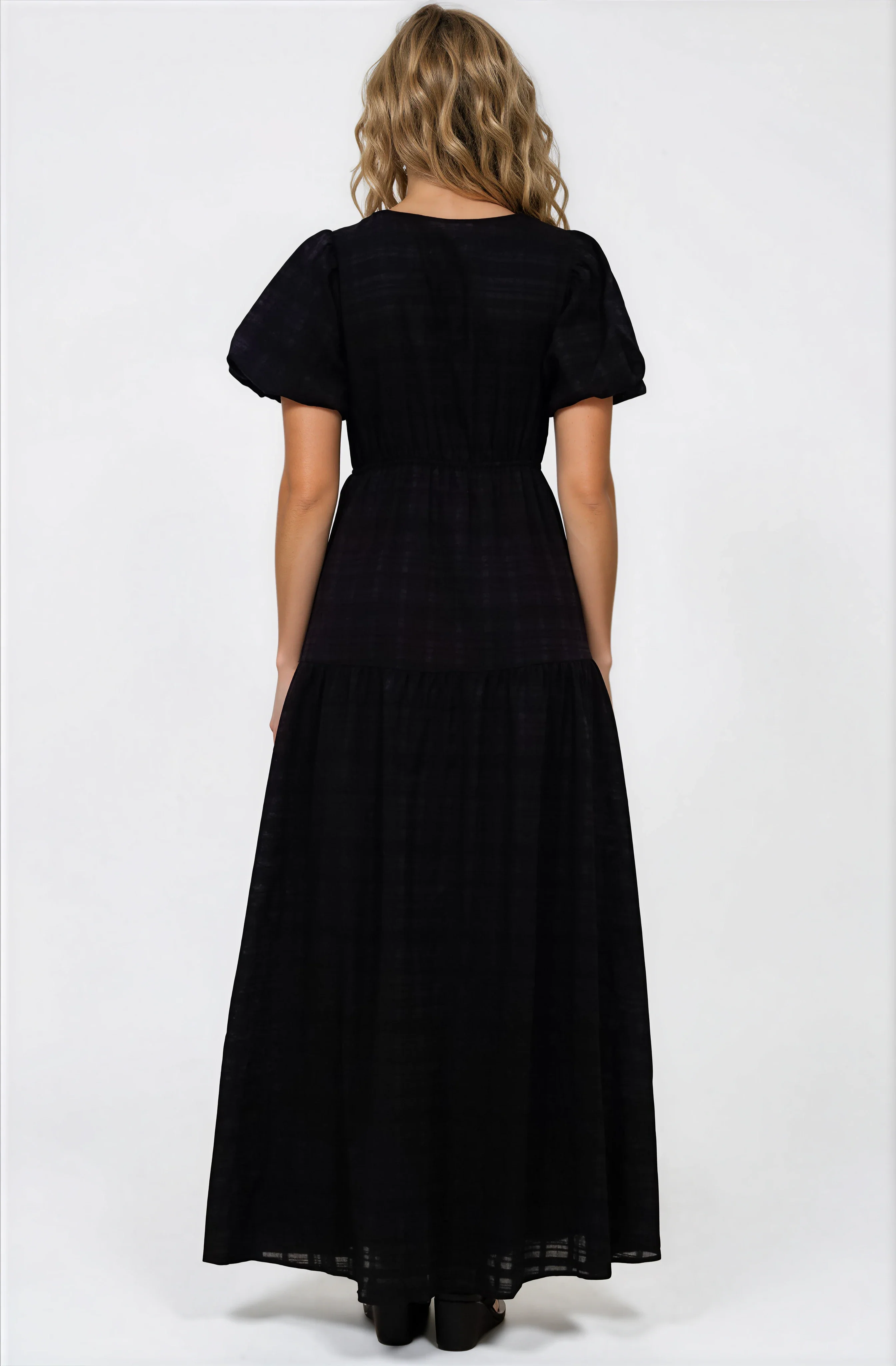 Emirah Maxi Dress - V-Neck Tiered A-Line Dress with Puff Sleeves in Black - Image 5